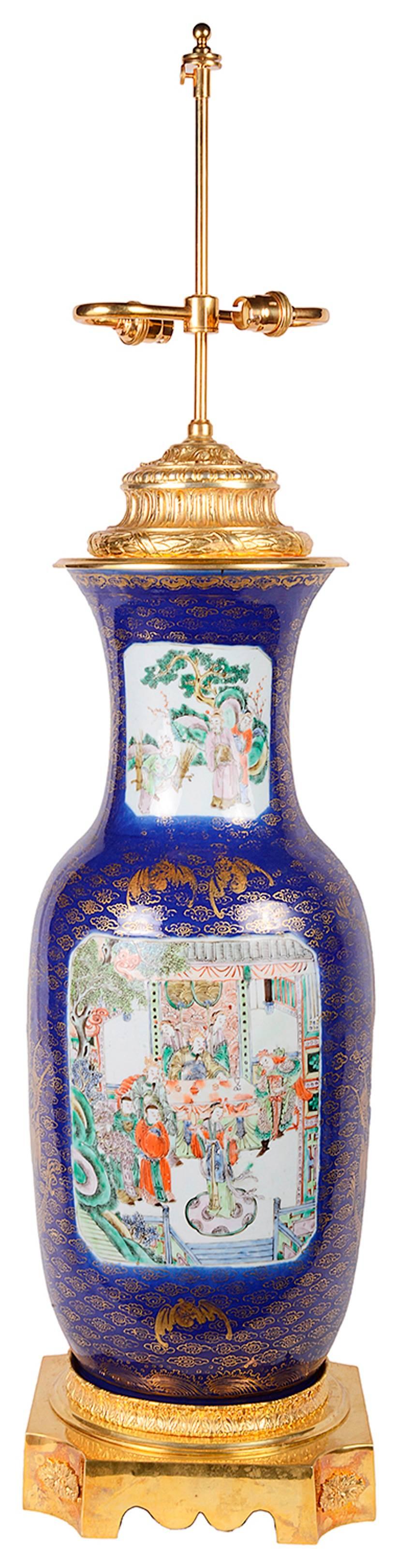 Jarrón / Lámpara Chino Azul Pólvora del Siglo XIX Porcelana en venta