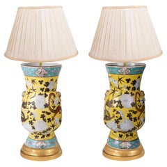Paar chinesische Famille Jaune-Keramikvasen/Lampen aus dem 19. Jahrhundert