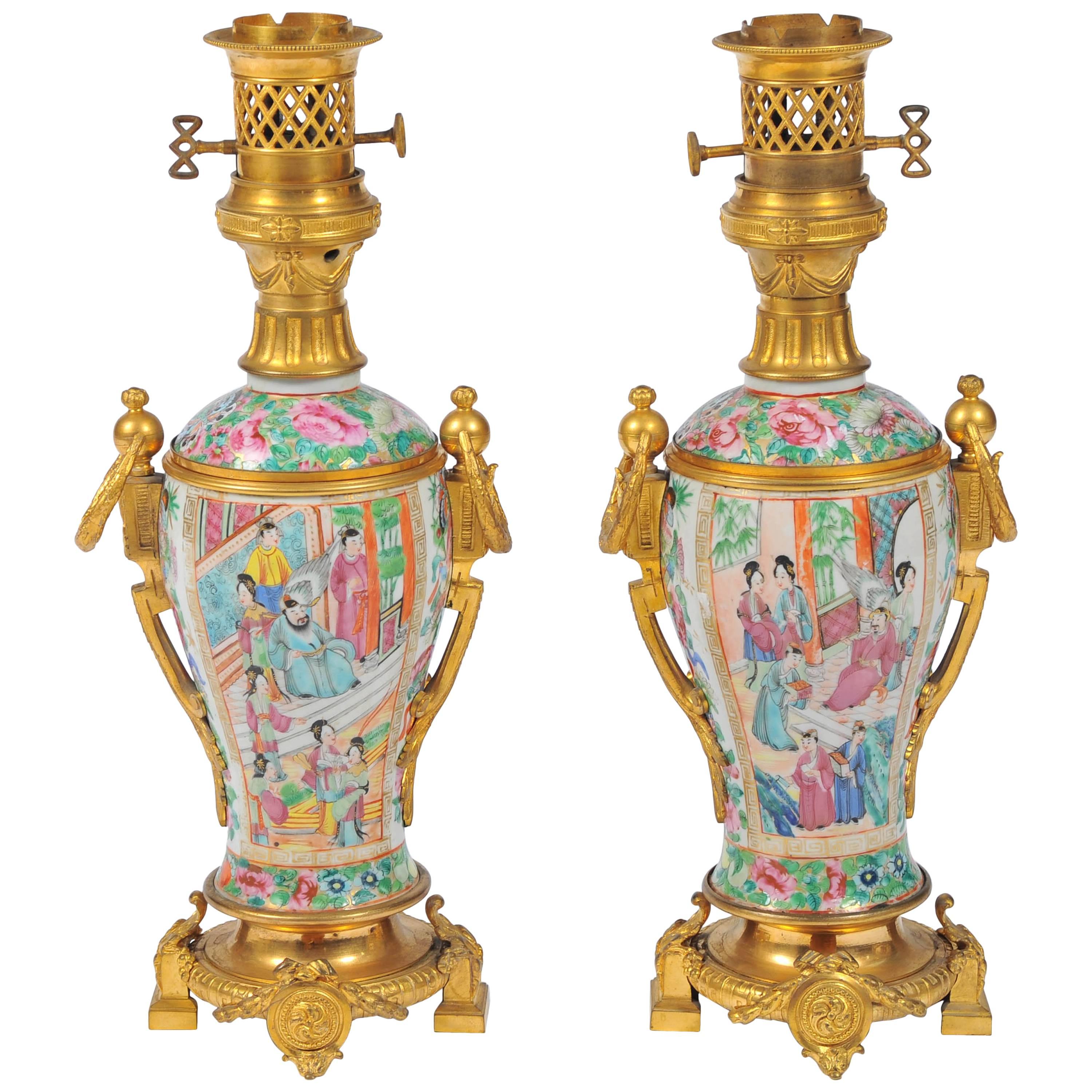 Pair of Rose Medallion Lamps, 19th Century