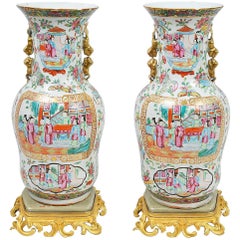 Pair of 19th Century Rose Medallion Vases on Ormolu Bases