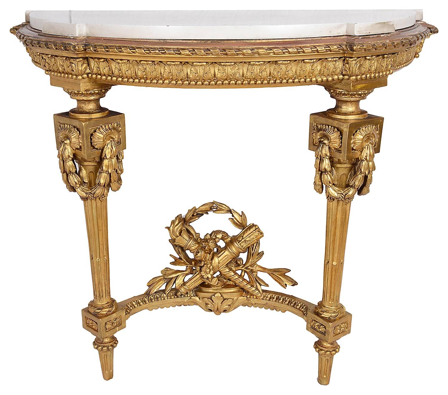Gesso Pair of 19th Century French Carved Giltwood Console Tables