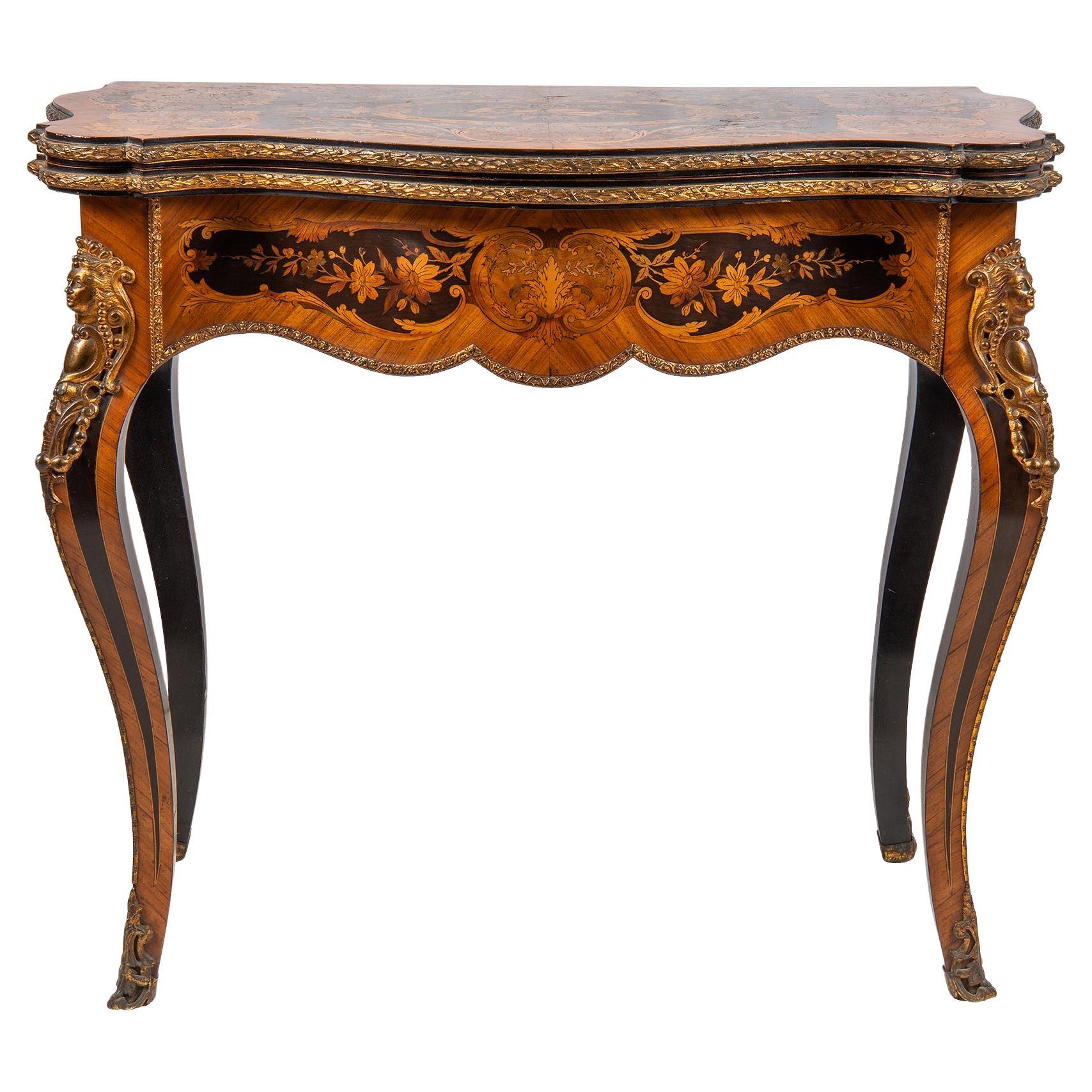 Louis XVI Style French Walnut Marquetry Inlaid Card Table For Sale