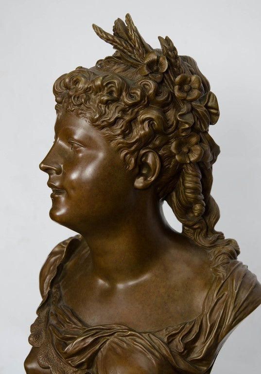 Carved Classical Bronze Female Bust, 19th Century For Sale