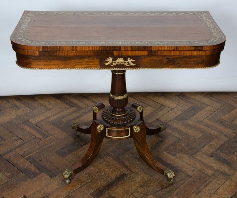 Cast Pair of Regency Rosewood Brass Inlaid Card Tables For Sale