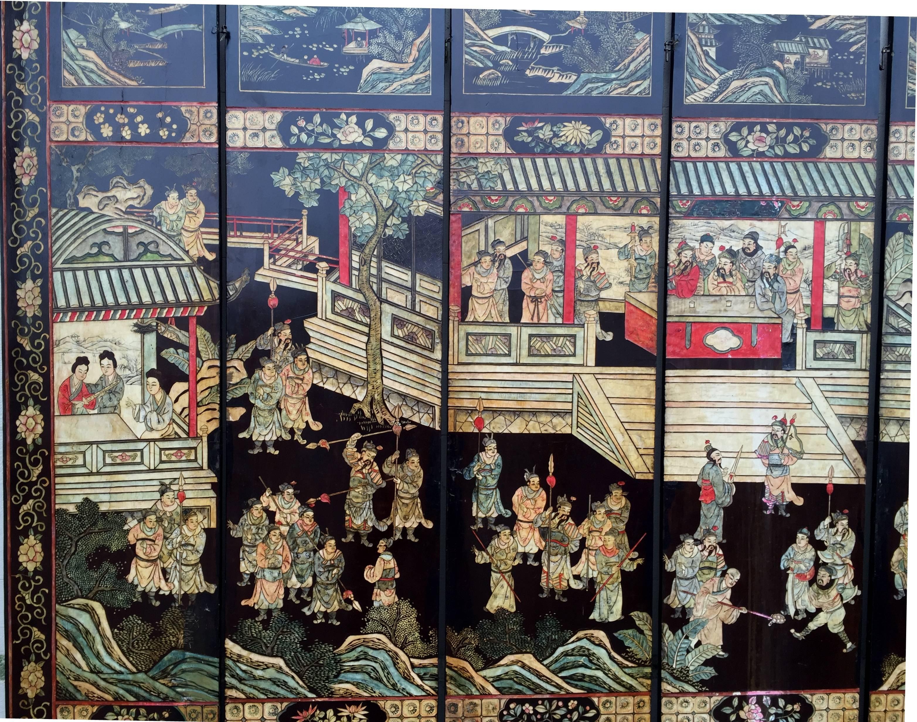 Hand-Painted 19th Century Chinese Coromandel Lacquer Screen