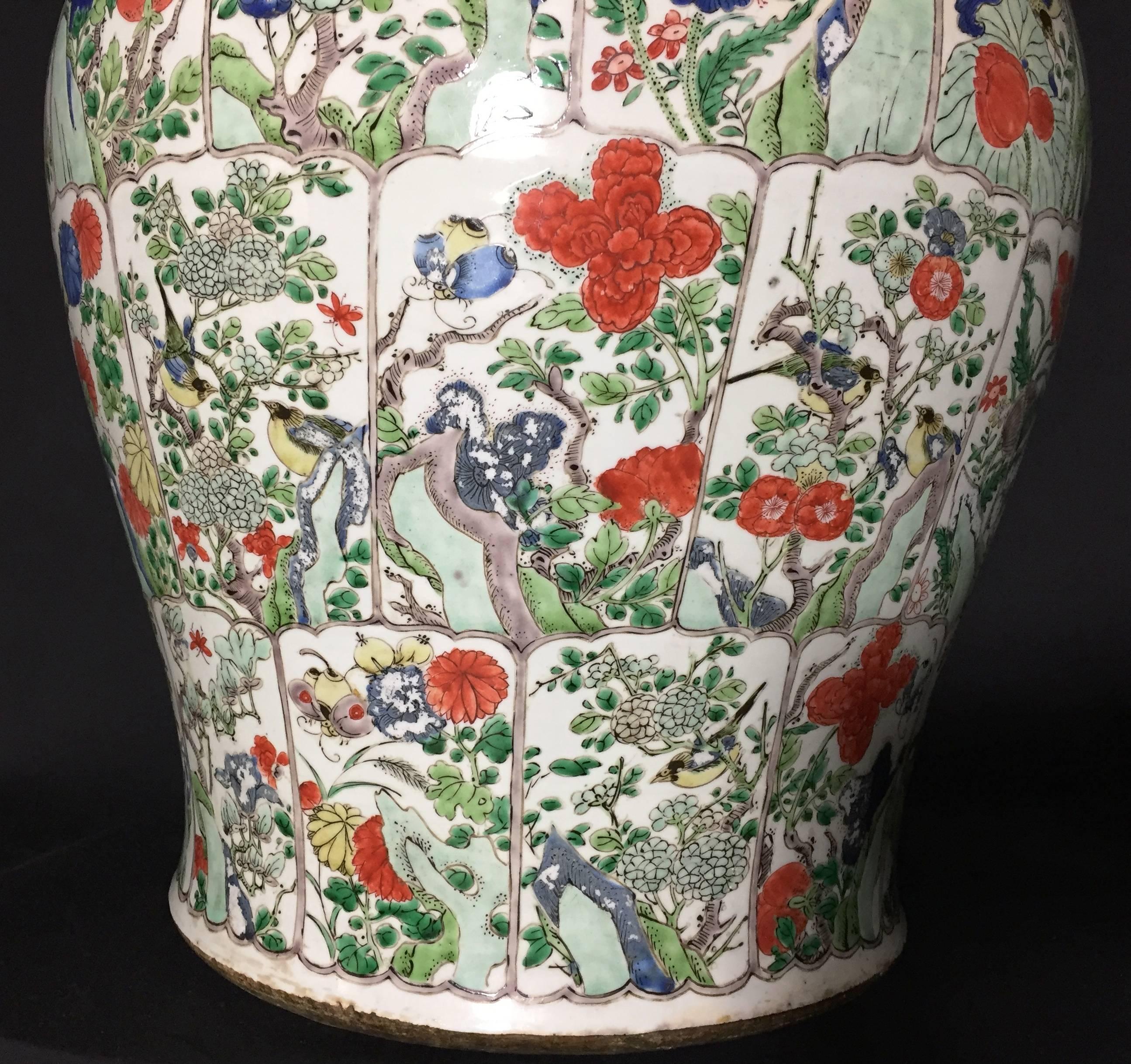 A large Chinese famille verte Kangxi period (1662-1722) lidded vase, depicting flowers and birds set in panels.