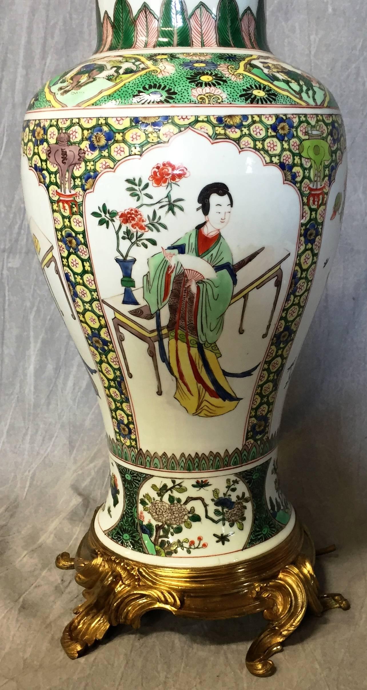 Hand-Painted 19th Century Chinese Famille Verte Vase/Lamp For Sale