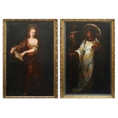 Specatular pair C18th oil on canvas painting of Cumaean + Persian Sibyls.