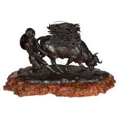 Japanese Bronze Woodsman + Buffalo, Meiji period. 68cm