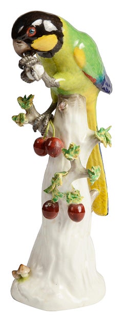 Meissen Parrot, perched on a tree trunk, C19th 26cm