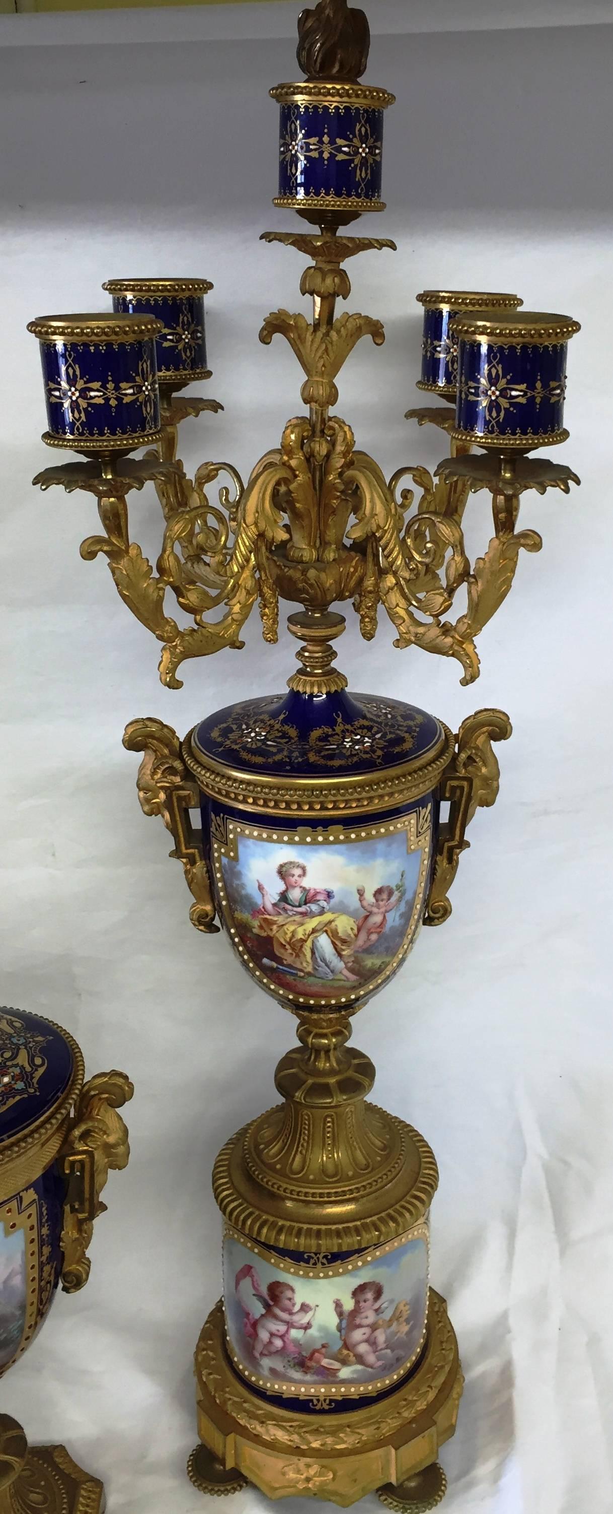 Cast 19th Century Sevres Clock Set For Sale