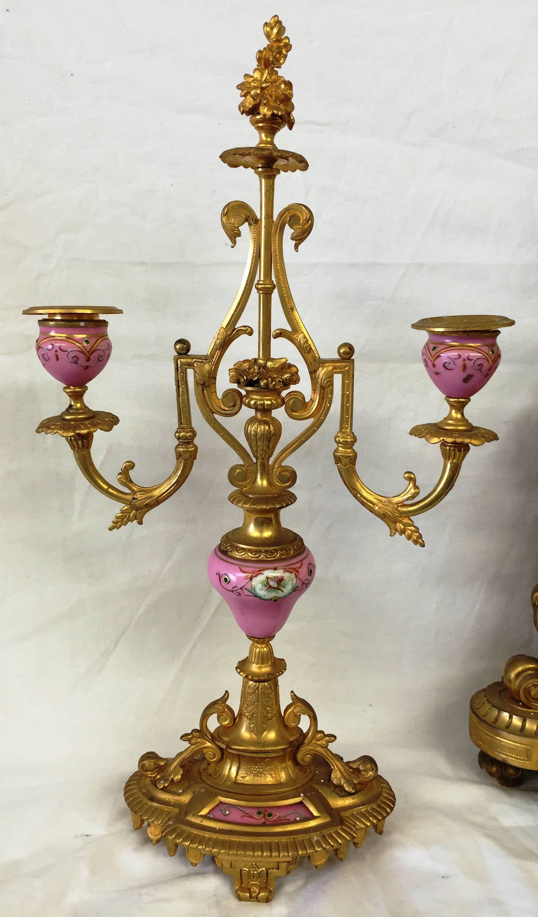 Ormolu 19th Century French Sevres Porcelain Clock Set For Sale