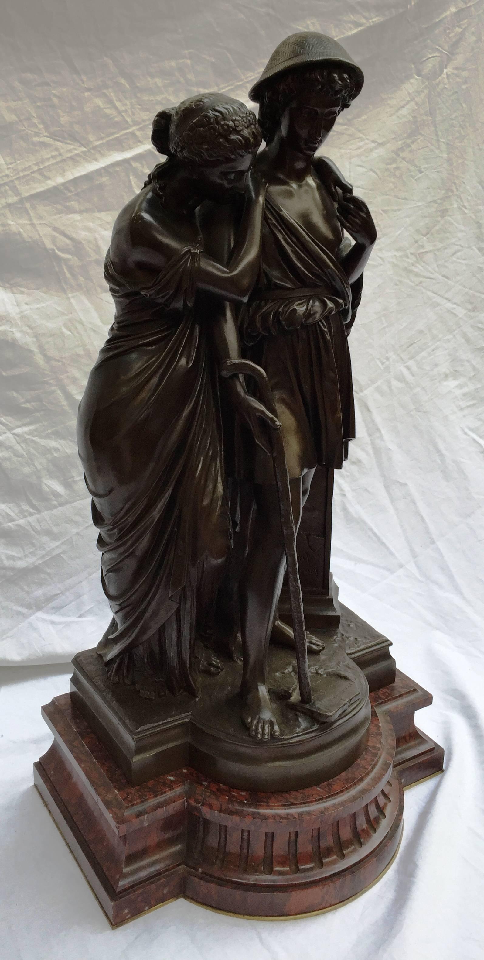 Barbedienne bronze of the Shepherds of Arcadia by Eugene Antoine Aizelin (French 1821-1902) Bergers d'Arcadie. Patinated bronze mounted on a rouge marble base.