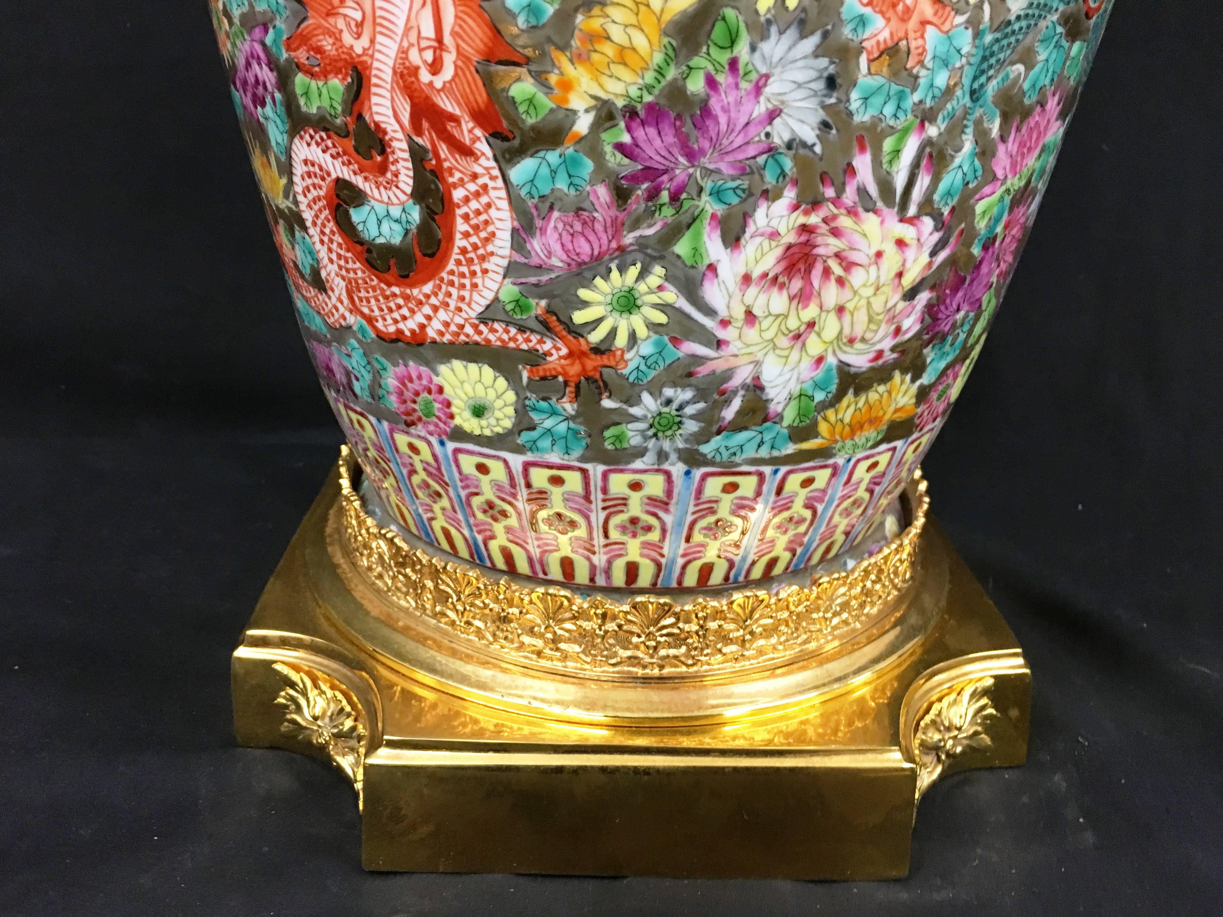 Gilt 19th Century Chinese Famille Rose Dragon Vase