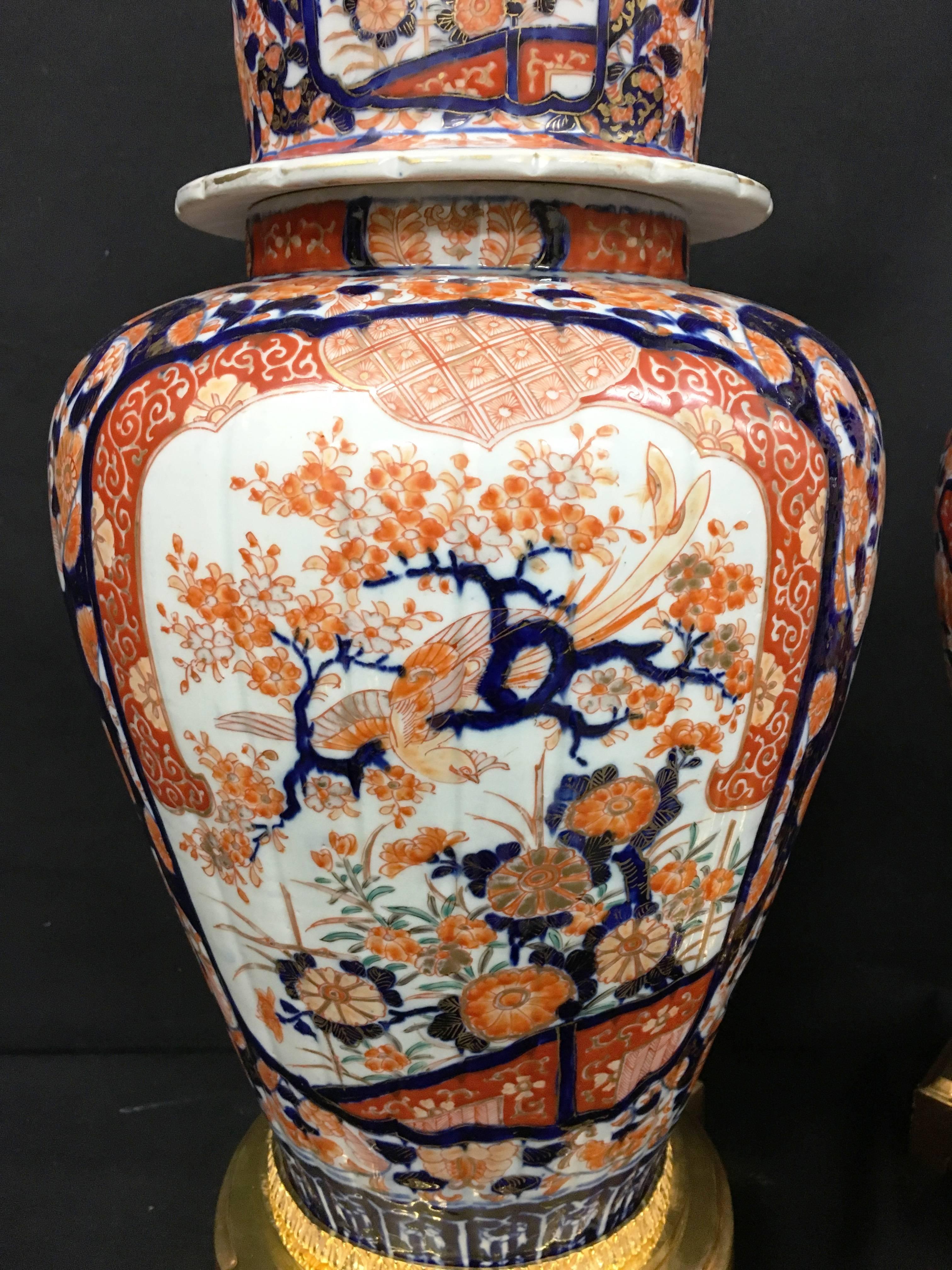 Large Pair of 19th Century Japanese Lidded Imari Vases/Lamps In Excellent Condition In Brighton, Sussex