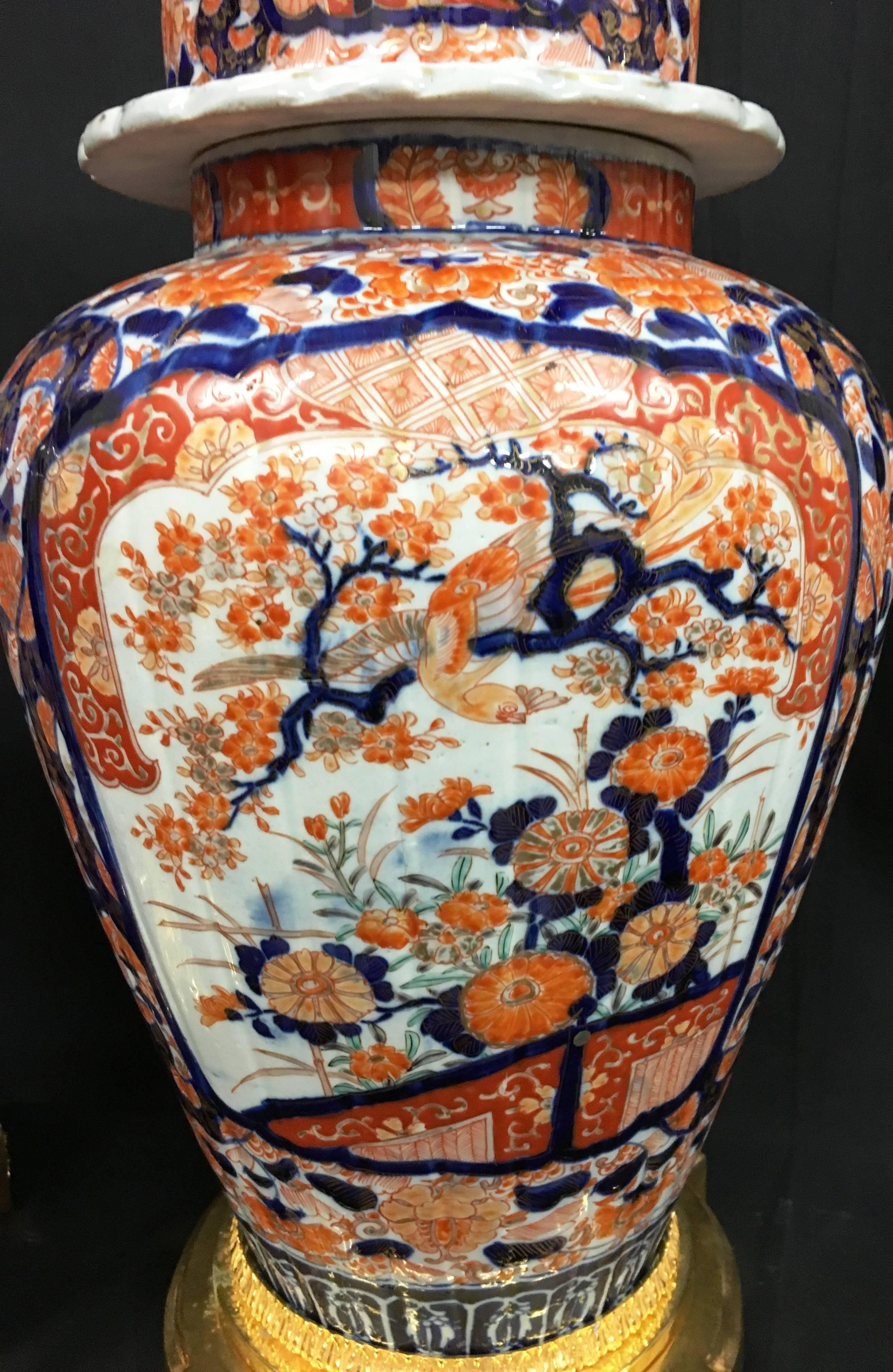 Large Pair of 19th Century Japanese Lidded Imari Vases/Lamps 1