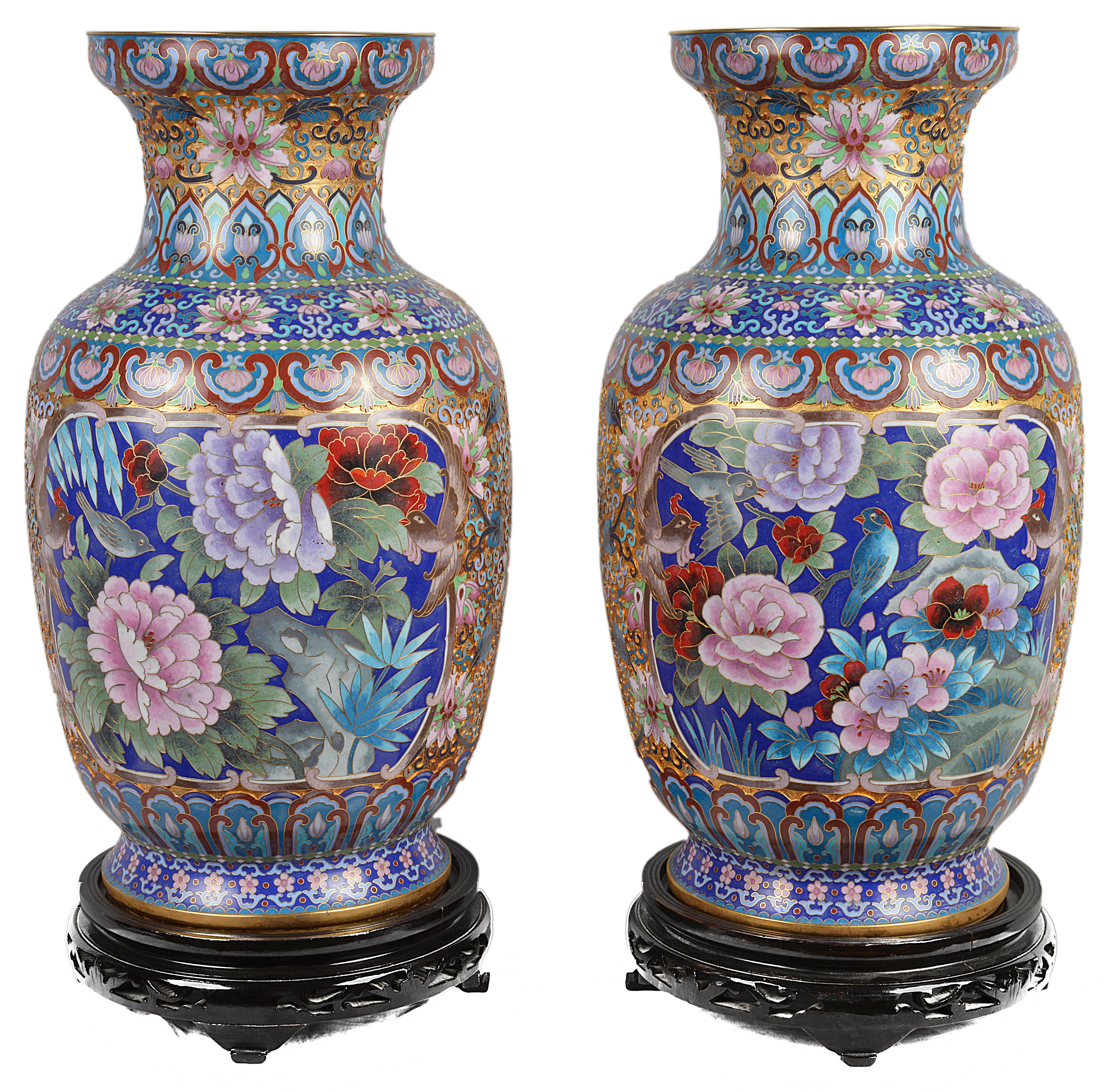 Pair of Chinese Decorative Cloisonné Enamel Vases In Excellent Condition In Brighton, Sussex