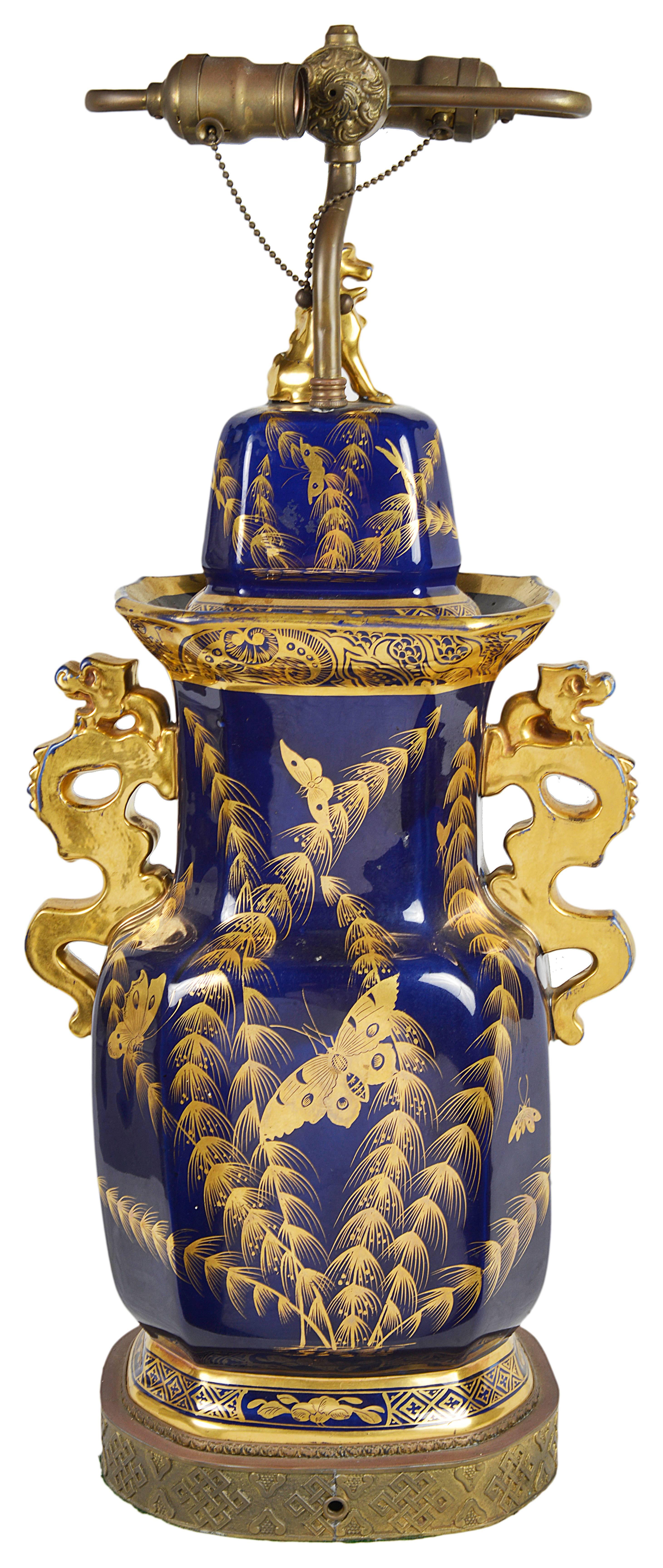 Hand-Painted 19th Century Iron Stone Vase / Lamp For Sale