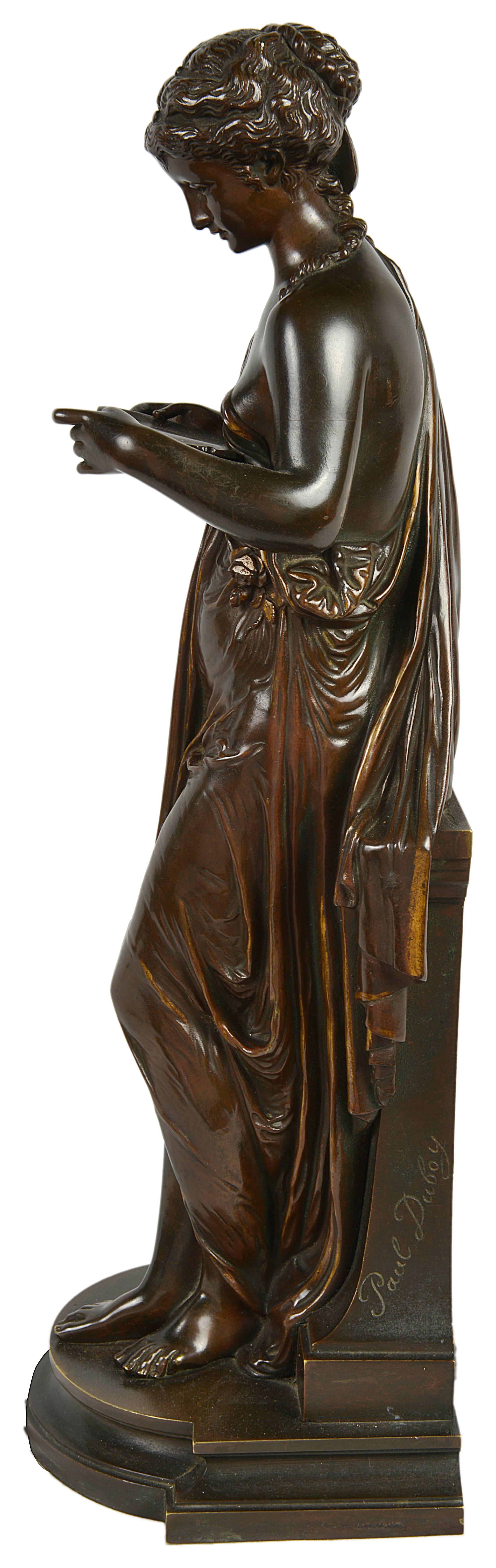 French Classical Antique Bronze Statue of a Young Maiden Reading a Book For Sale