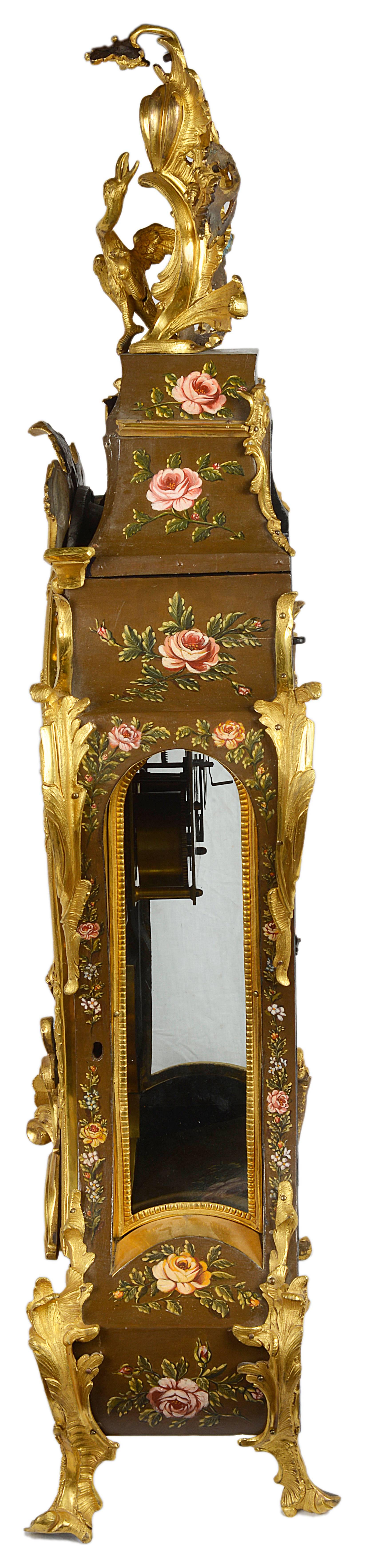 A good quality 19th century French Louis XVI style bracket clock, having painted floral decoration, gilded ormolu mounts. An enamel clock face with an eight day movement, striking on the hour and half hour.