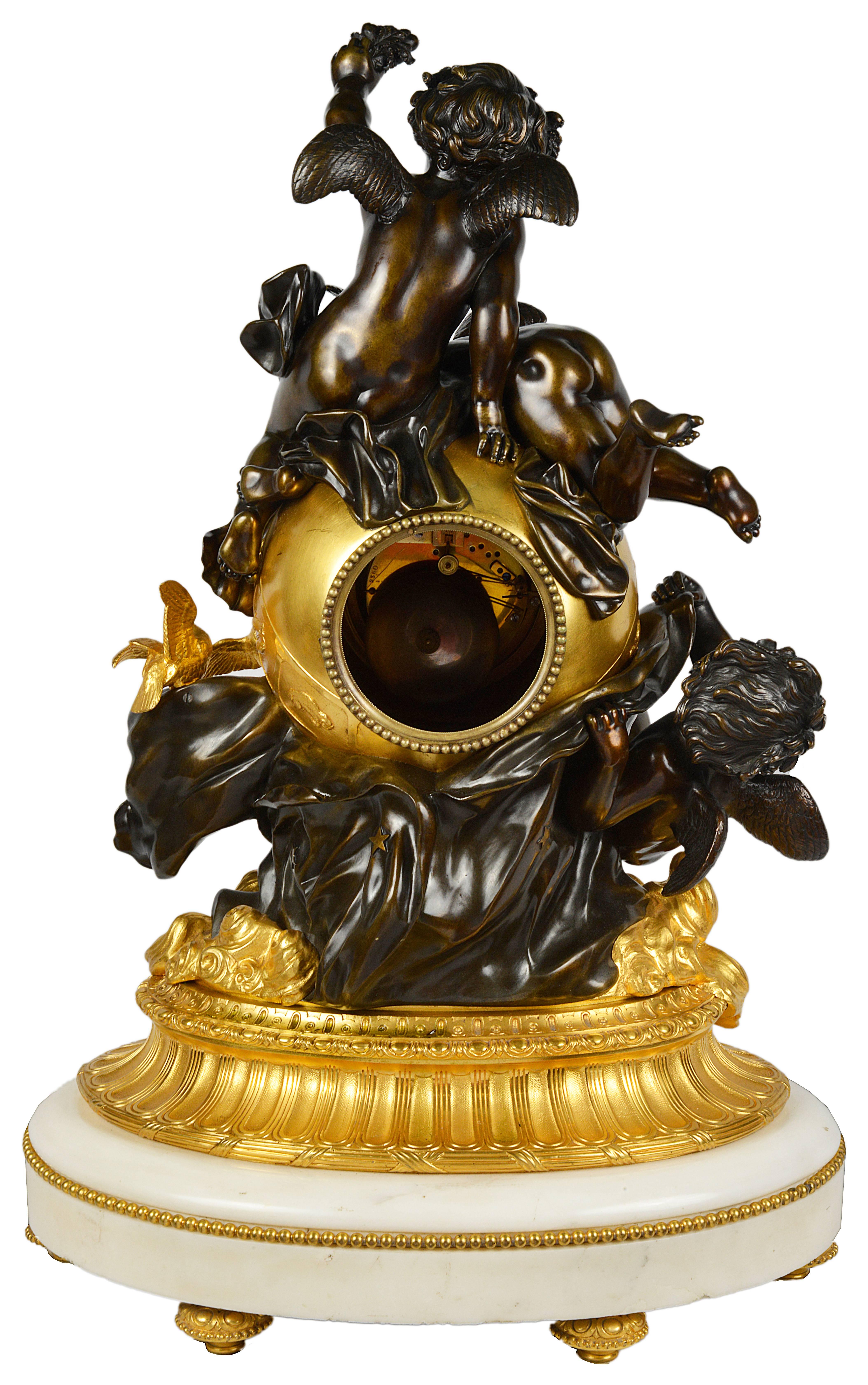 Large Louis XVI Style Gilded Ormolu Orb Mantel Clock In Good Condition In Brighton, Sussex