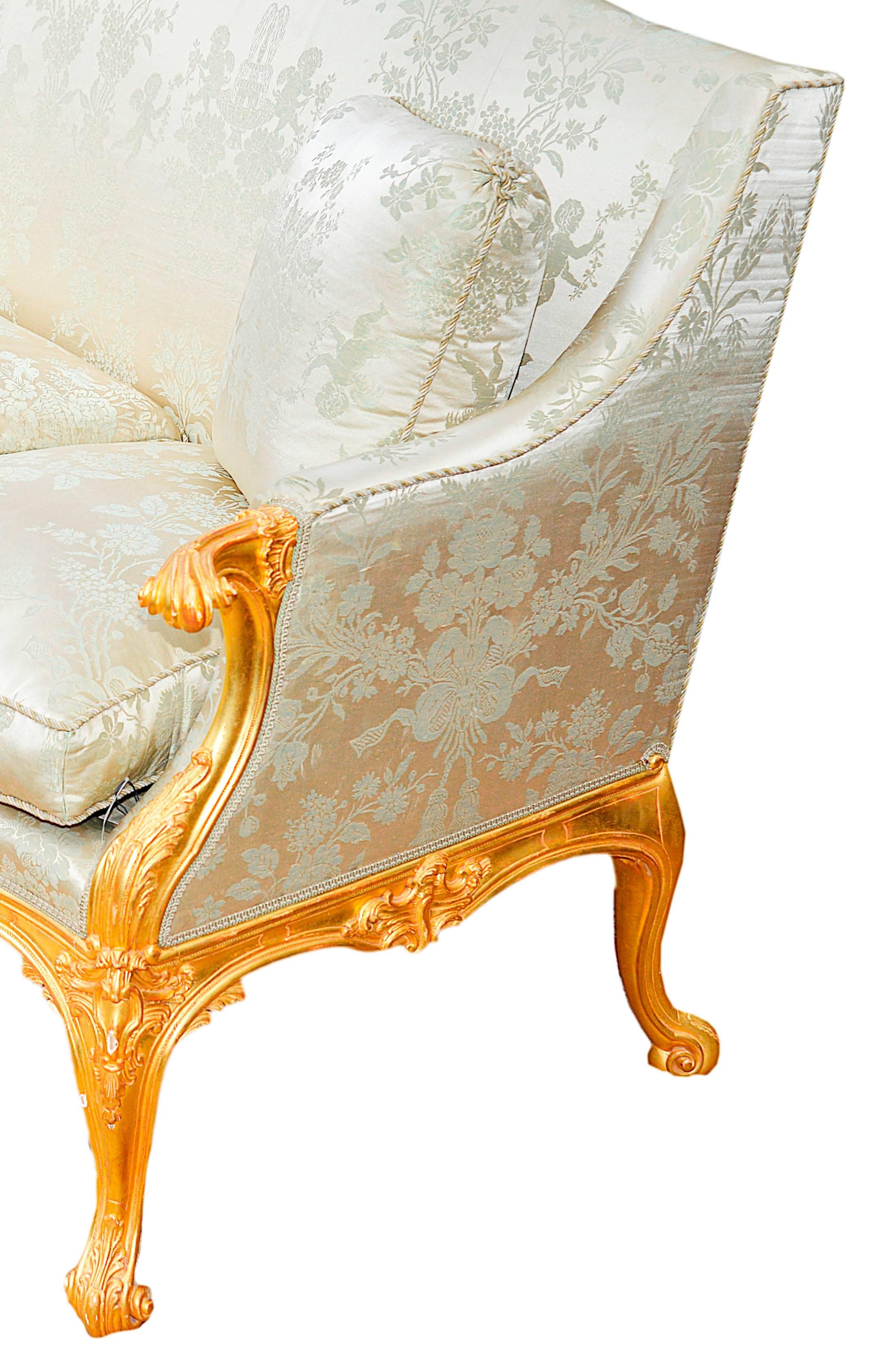 Hand-Carved Pair of French Louis XVI Style Gilded Sofas, Late 19th Century