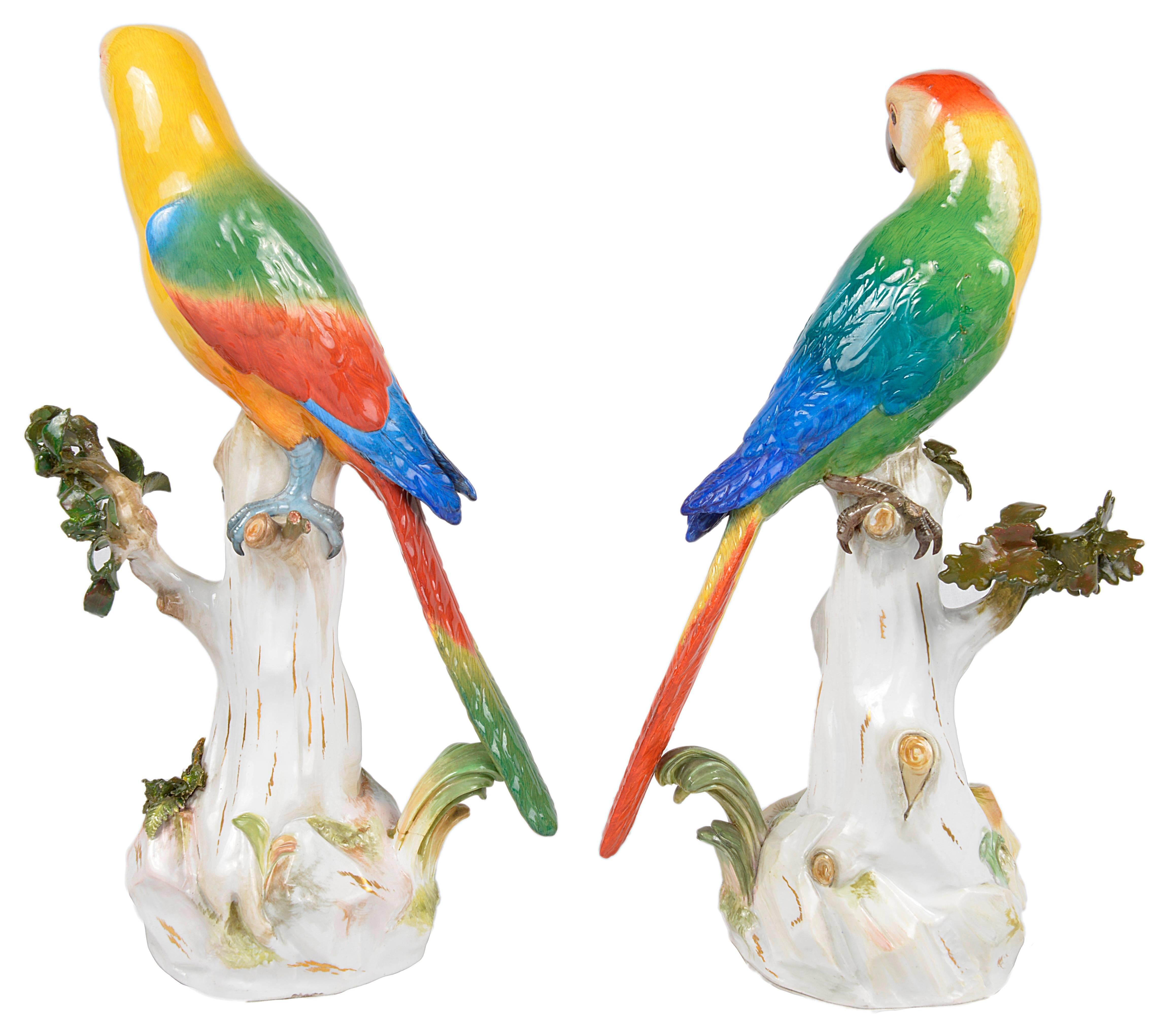 A striking pair of mid-19th century Meissen porcelain parrots with wonderful bright colors perched on a tree trunk.
