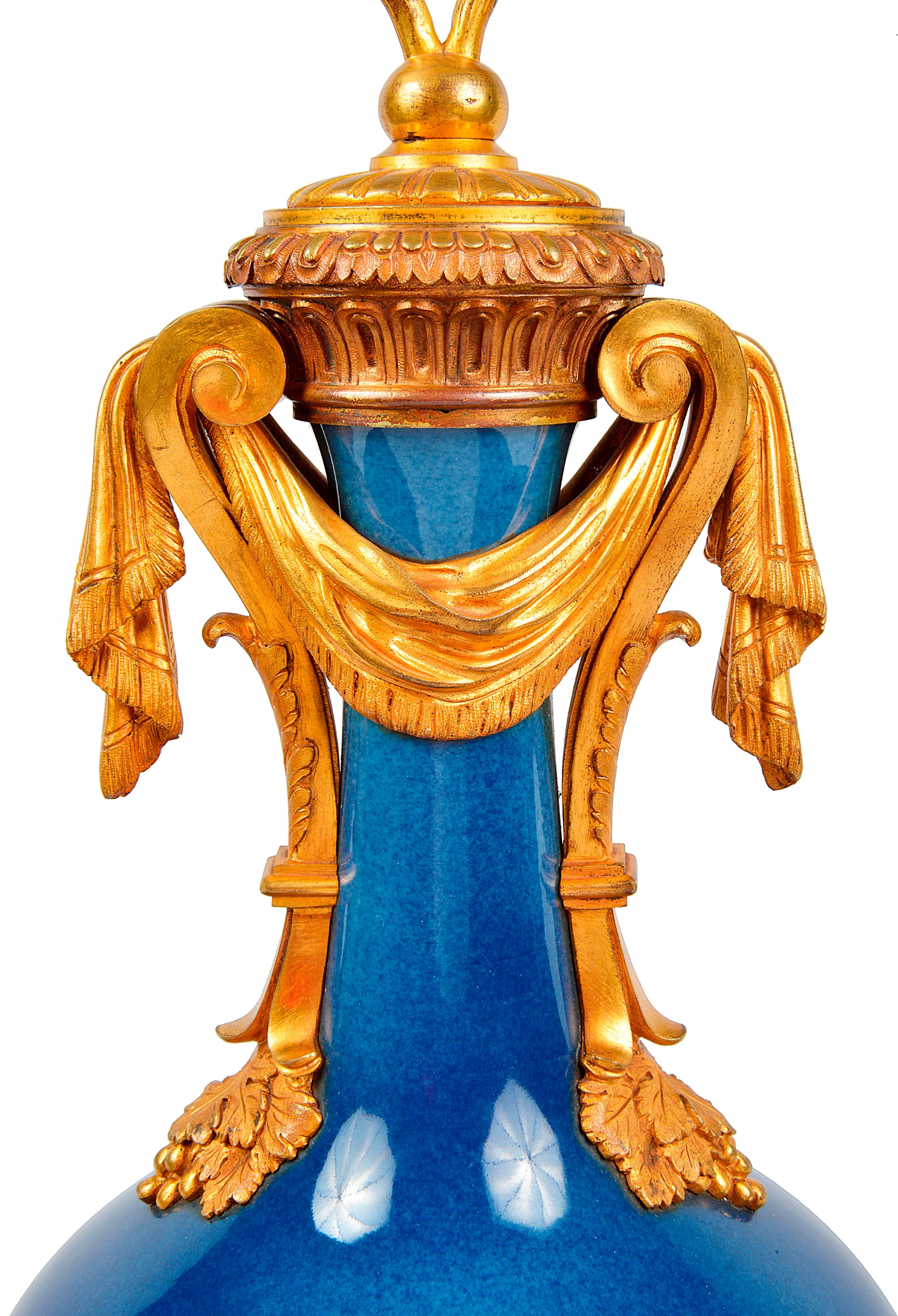 Gilt 19th Century Chinese Powder Blue Vase or Lamp