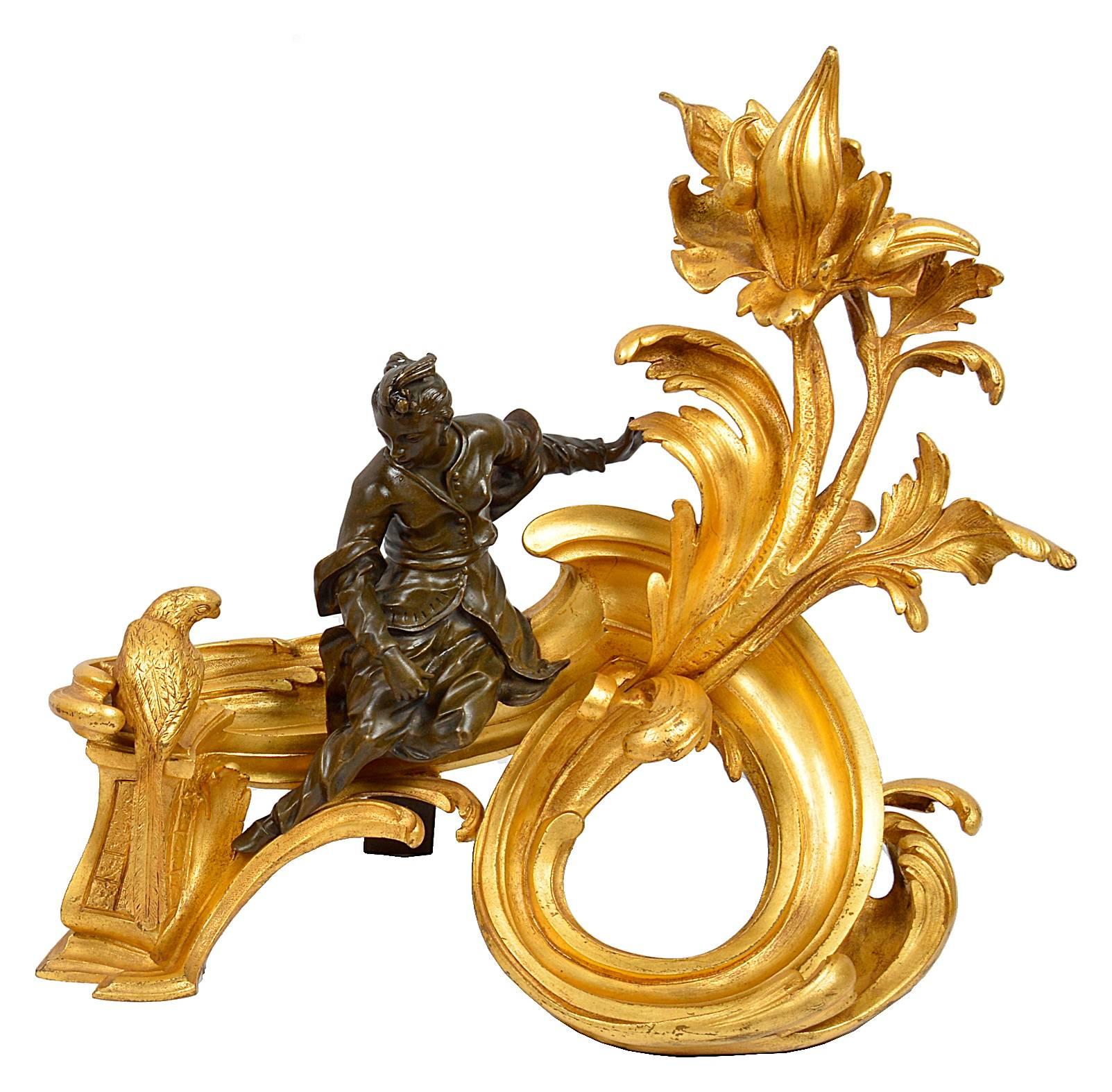 Rococo Pair of 19th Century Ormolu and Bronze Chenets, Depicting Chinamen