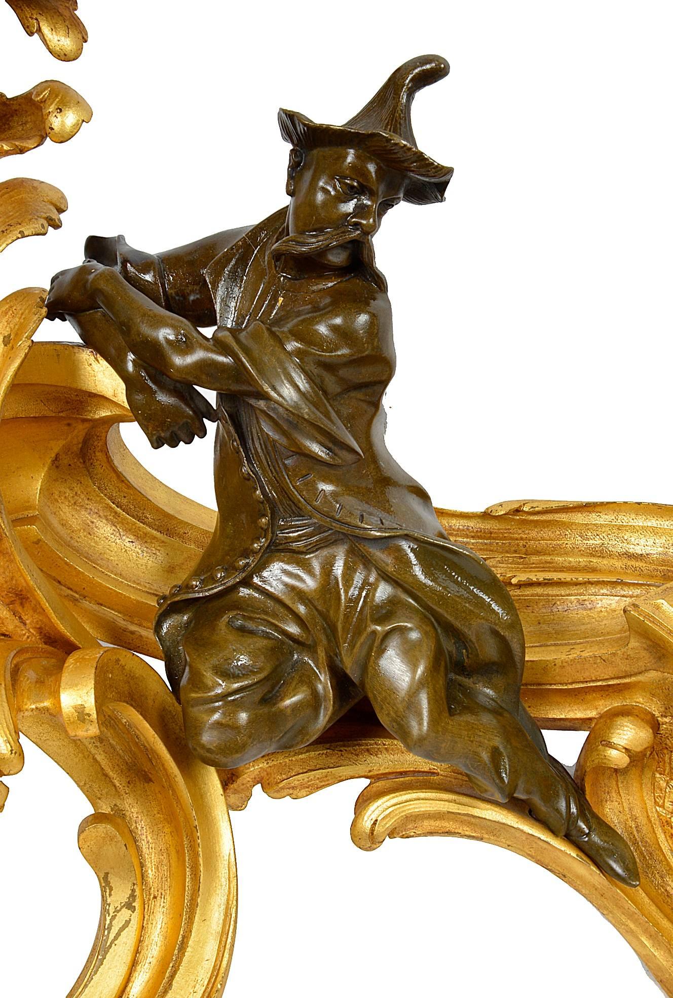 French Pair of 19th Century Ormolu and Bronze Chenets, Depicting Chinamen