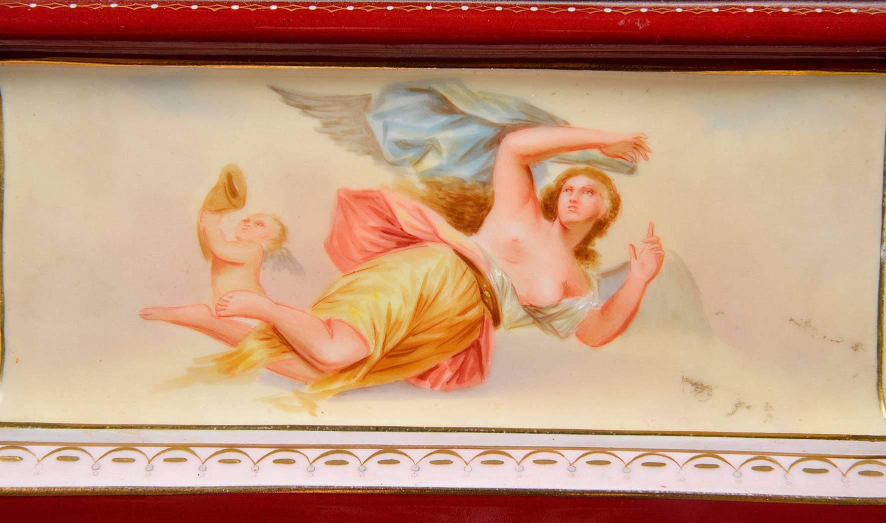 A good quality late 19th century Vienna porcelain mantel clock, having hand-painted classical figures and cherubs.