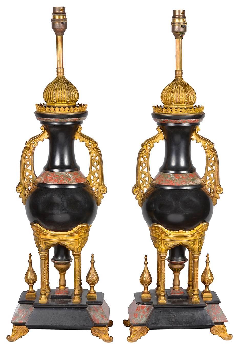 A very good quality pair of 19th century marble and gilded ormolu urns, converted to lamps.