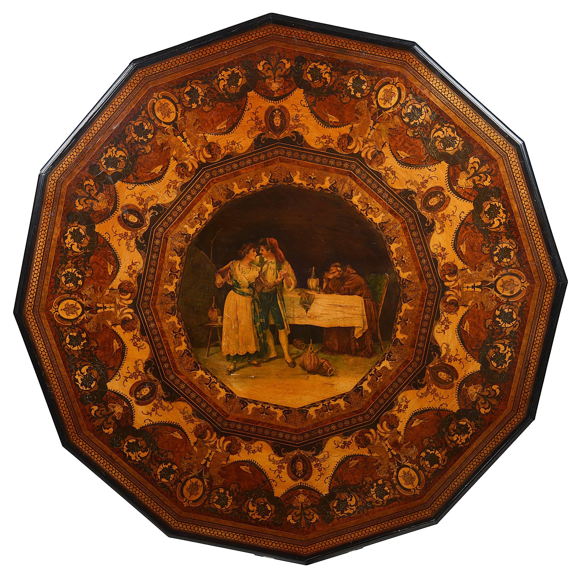 A rare and fine quality 19th century Sorrento inlaid centre table,
signed; Almerico Gargiulo.
The central inlaid and painted panel depicting lovers dancing with a seated monk in the background. Set in this wonderfully Fine marquetry inlaid boarder