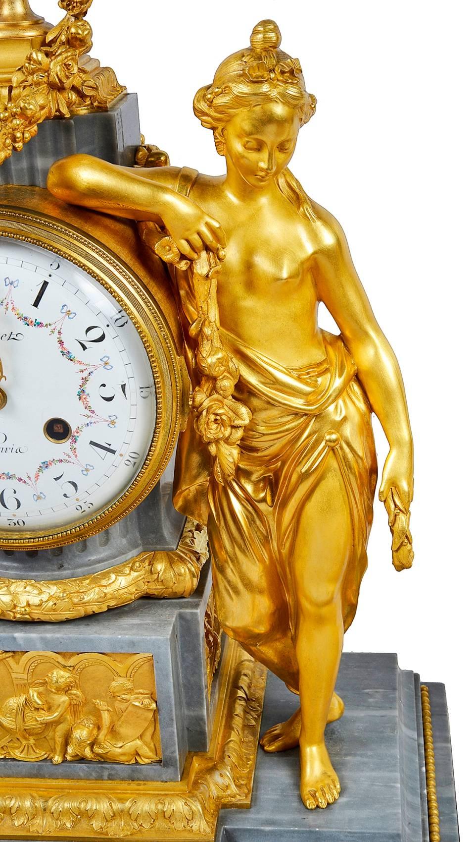 French Louis XVI Style Gilded Clock Set, 19th Century For Sale 3