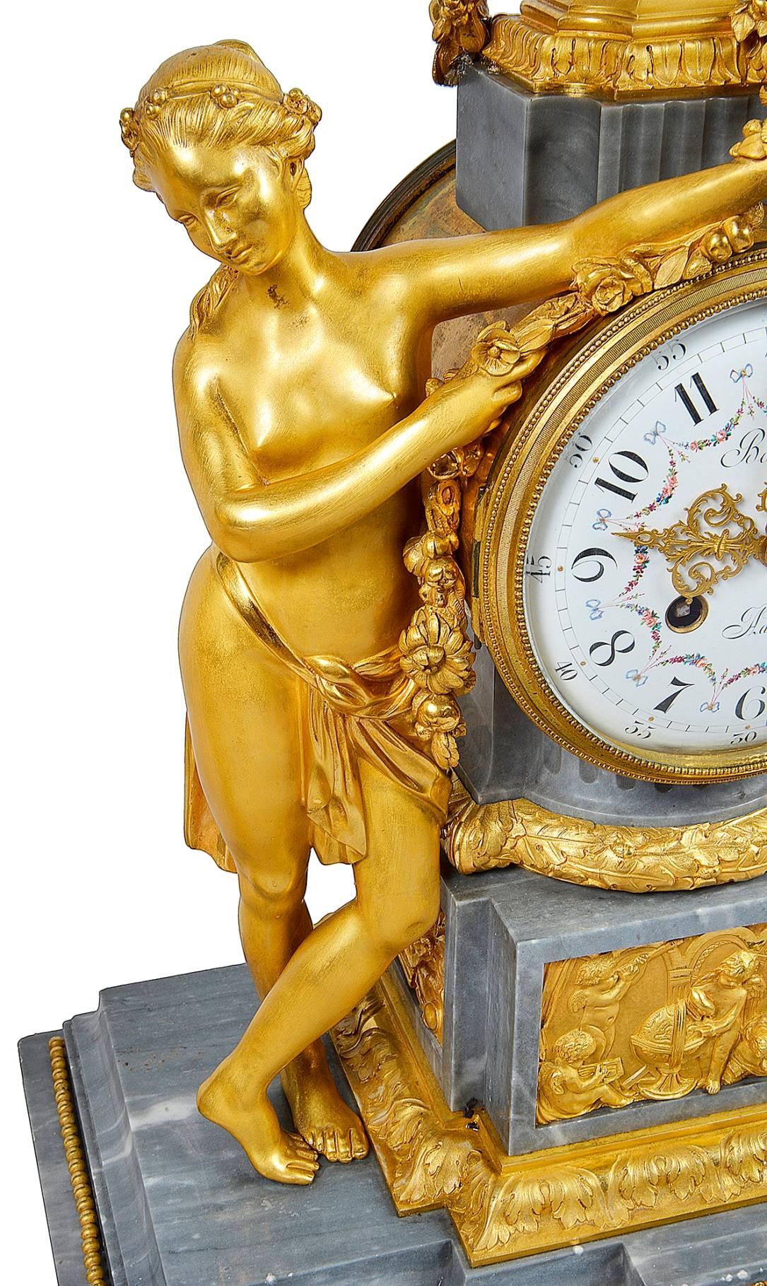 French Louis XVI Style Gilded Clock Set, 19th Century For Sale 4