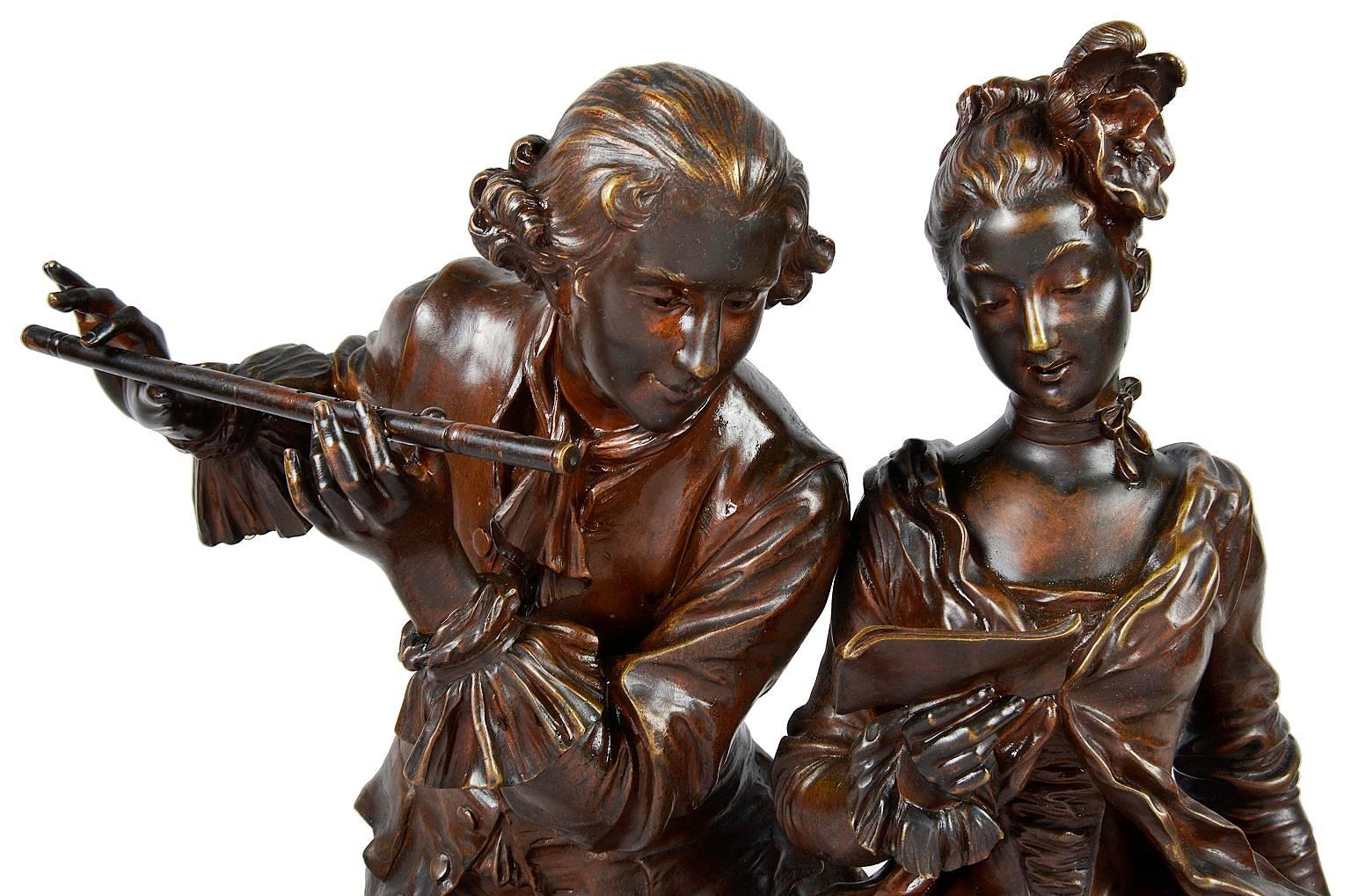 Groupe en bronze du XIXe siècle de bonne qualité représentant Due Champetre:: (deux musiciens)
Signé ; Adrien Etienne GAUDEZ (1845-1902).