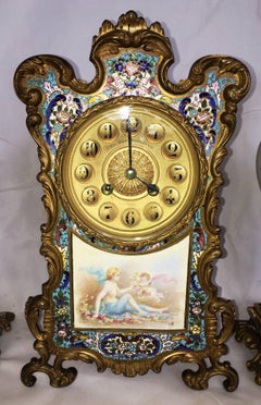 Uhrenset aus Emaille im Louis-XVI.-Stil, 19. Jahrhundert