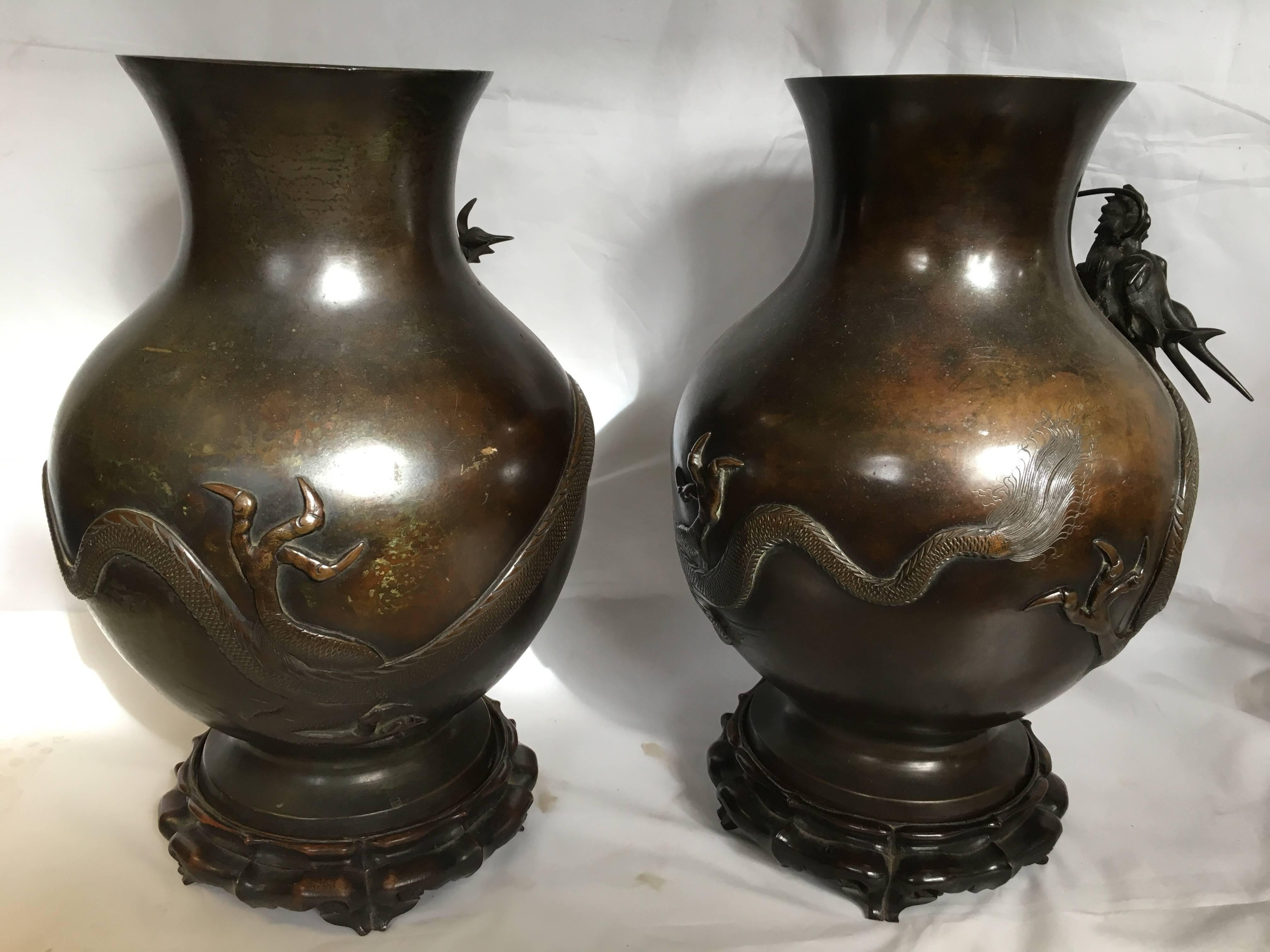 Meiji Pair of Japanese 19th Century Bronze Vases
