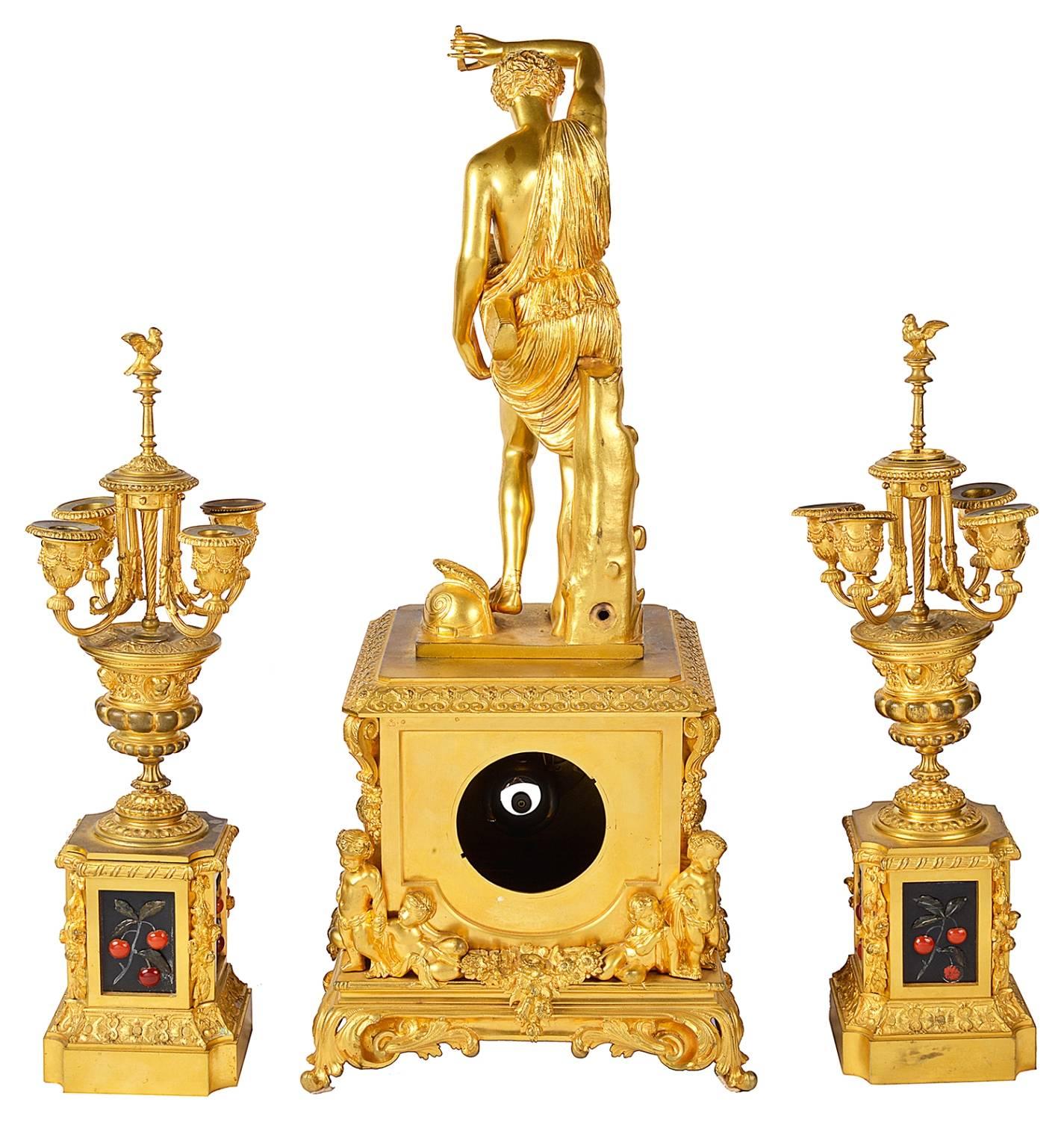 Louis XVI 19th Century French Clock Set, with Pietra Dura Panels For Sale