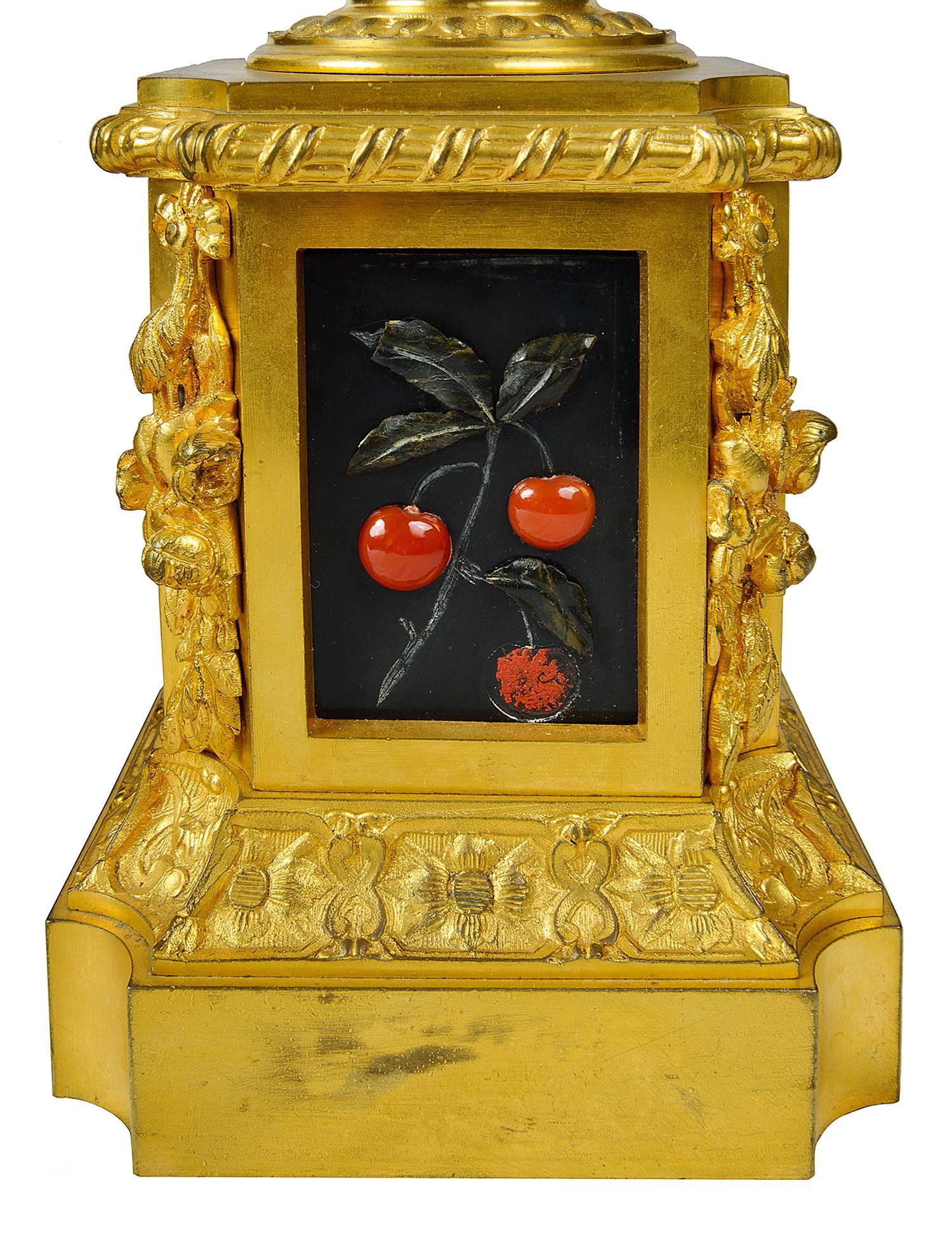 Gilt 19th Century French Clock Set, with Pietra Dura Panels For Sale