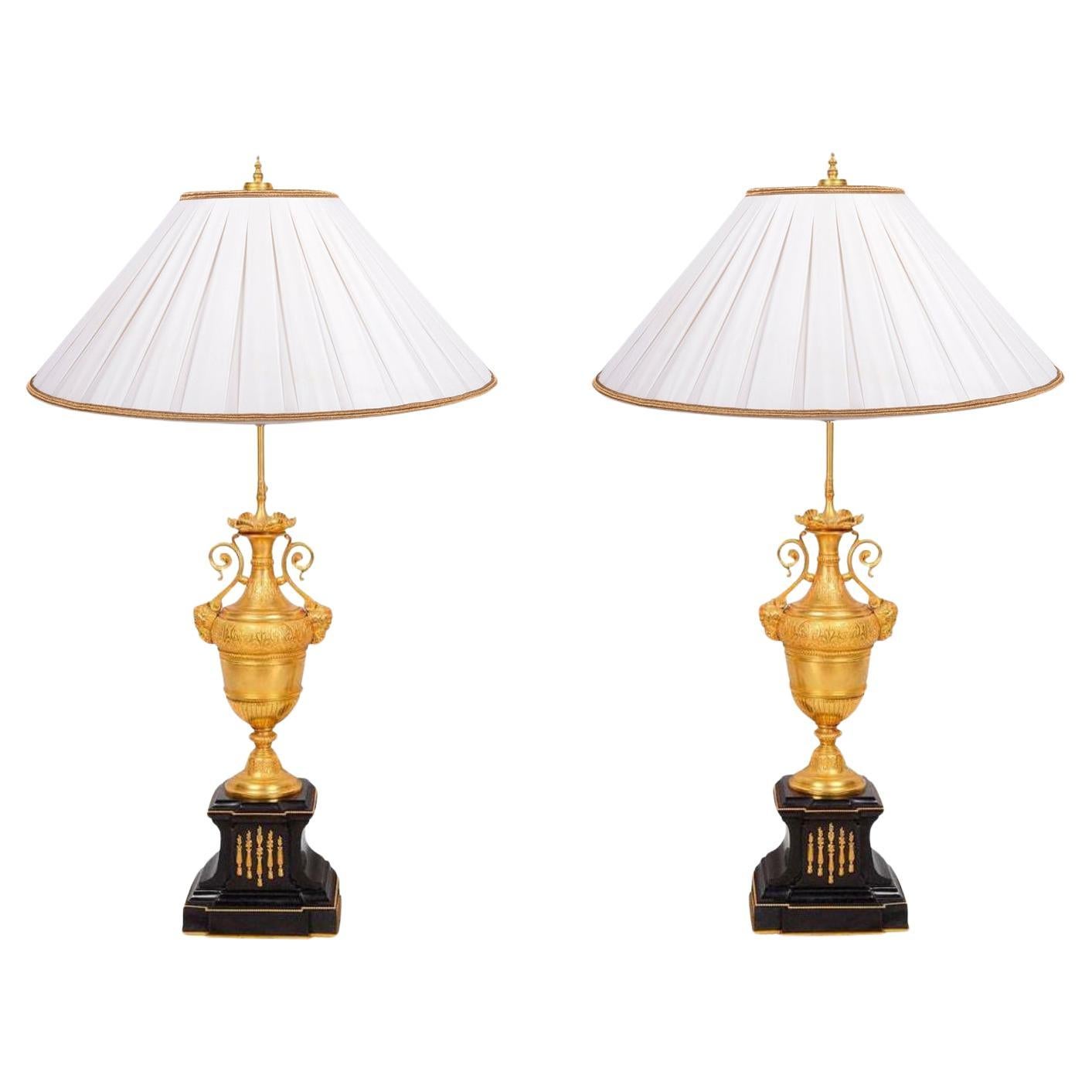 Pair of Classical 19th Century Gilded Lamps For Sale