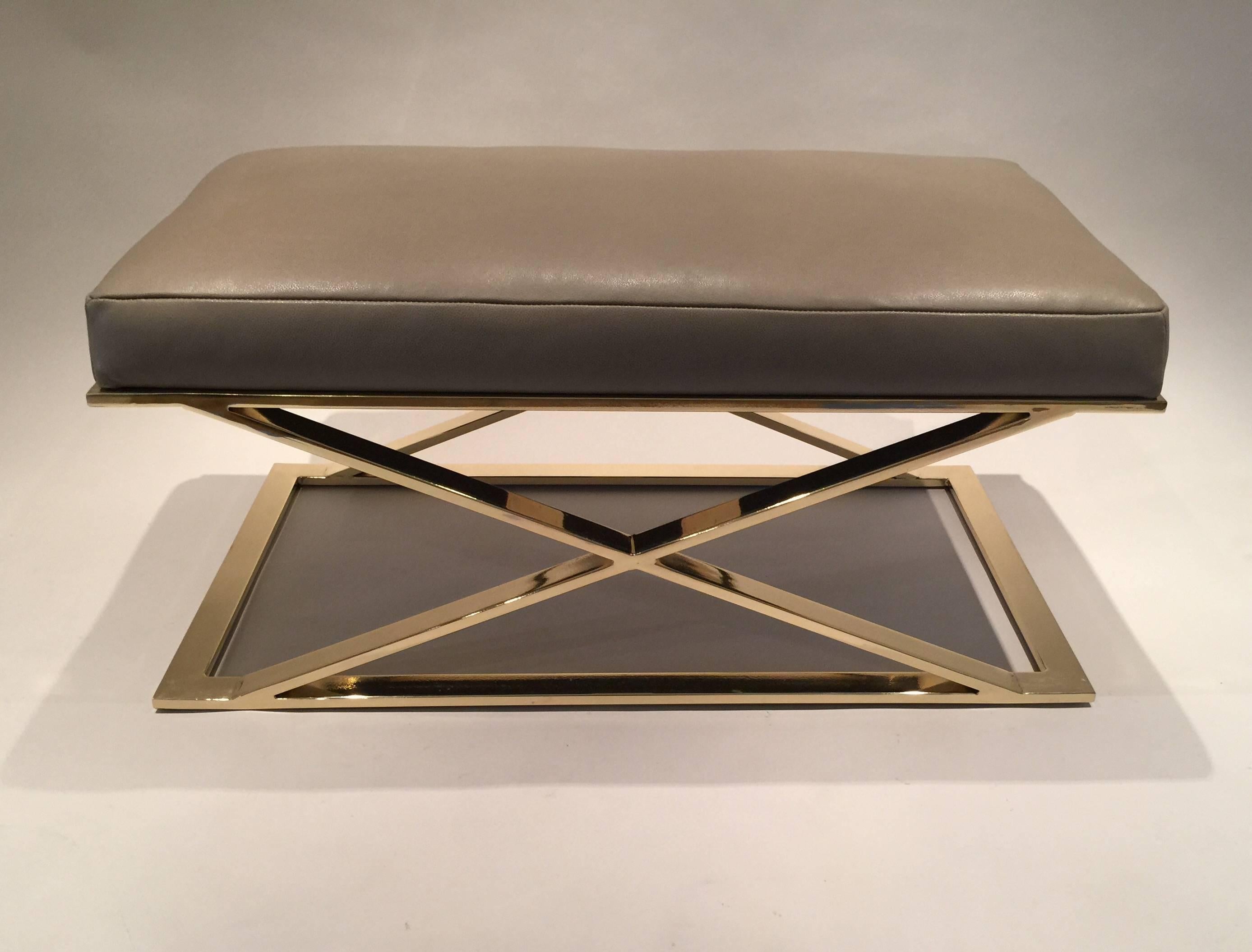 An X Frame Brass Plated Bench By Milo Baughman For Thayer Coggin, With A Newly Upholstered Gray Leather Seat