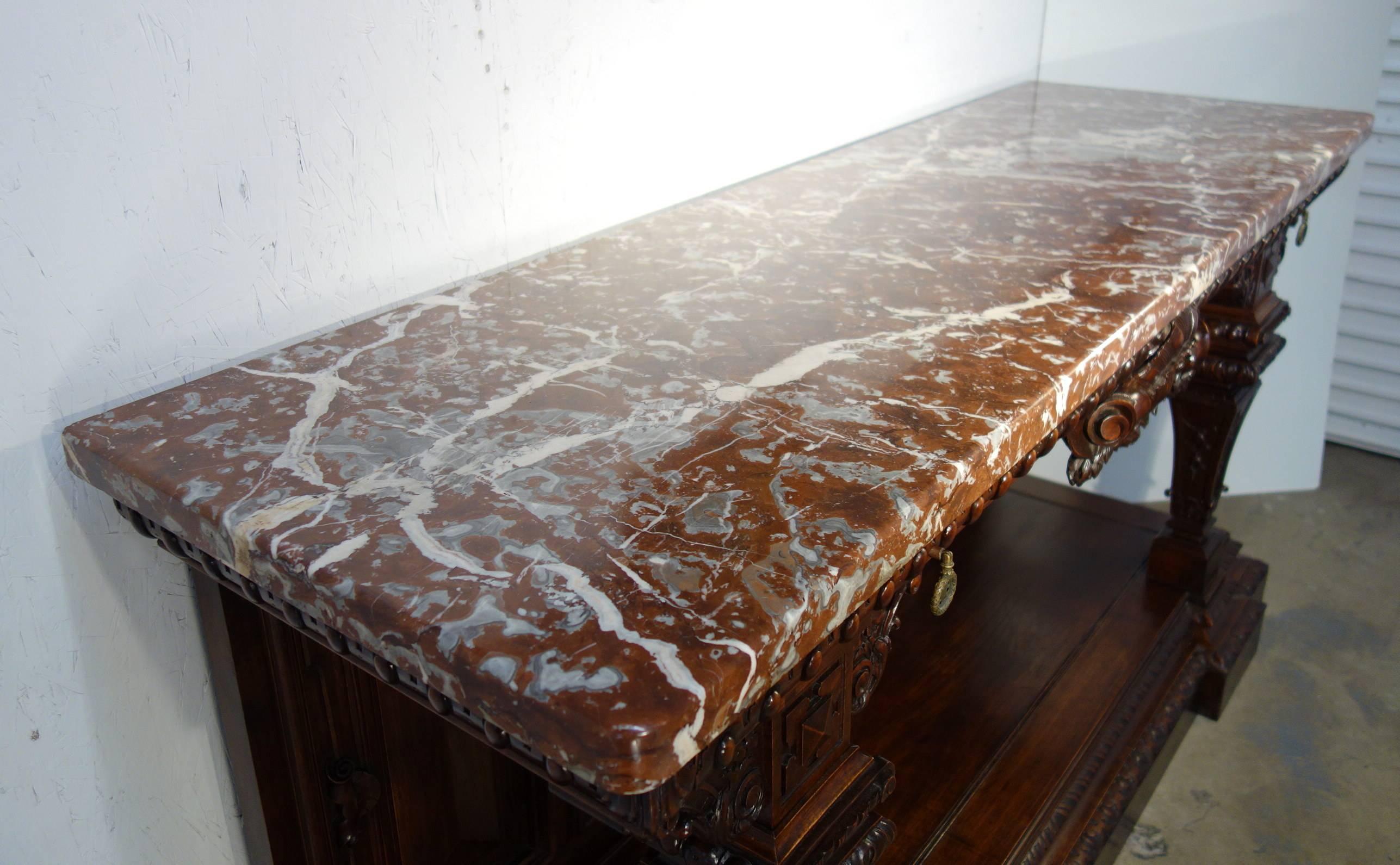 19th Century Monumental Walnut Tuscan Renaissance Style Entry Table Ca 1850 In Excellent Condition In Encinitas, CA