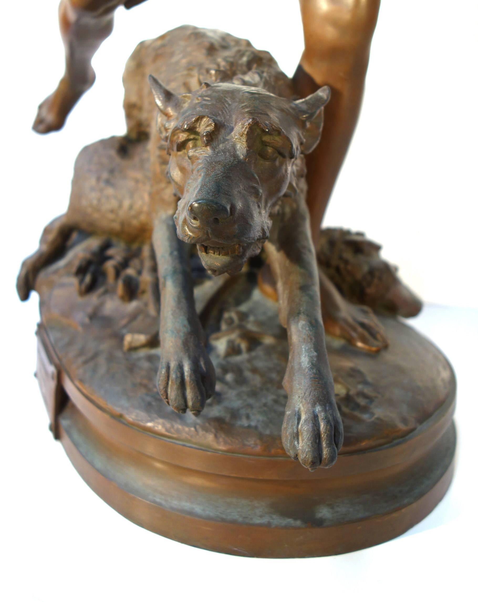 Bronze Statue Called 'Au Loup' by Louis Auguste Hiolin 1