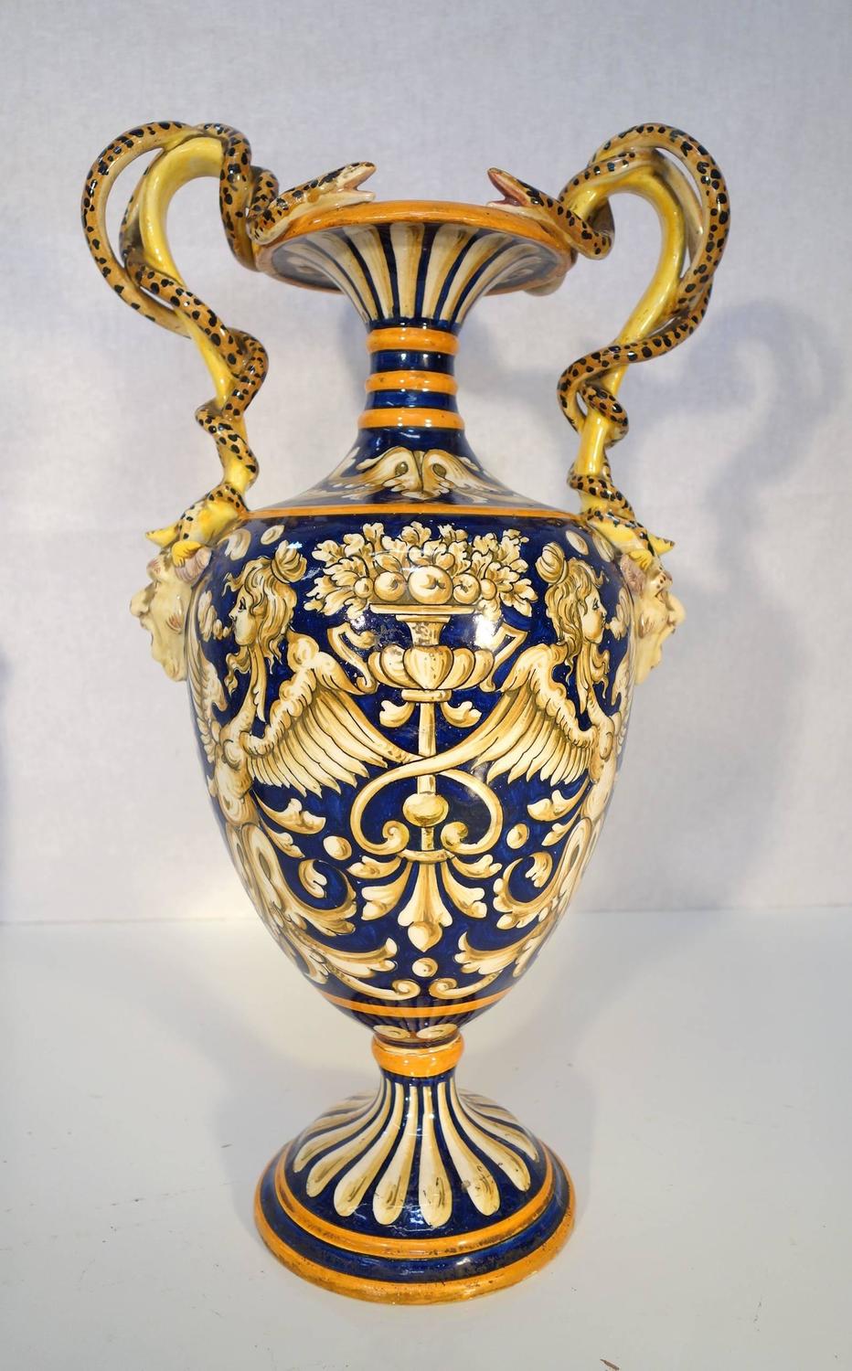 19th Century Antique Italian Renaissance Style Majolica Vases, pair at