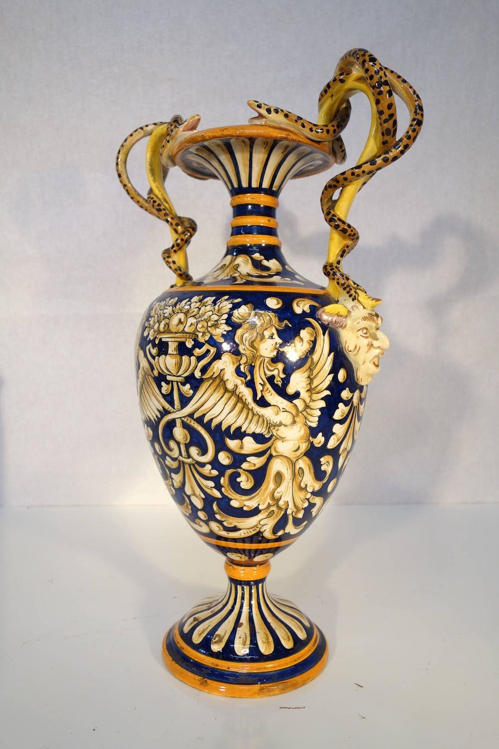 19th Century Antique Italian Renaissance Style Majolica Vases, pair at