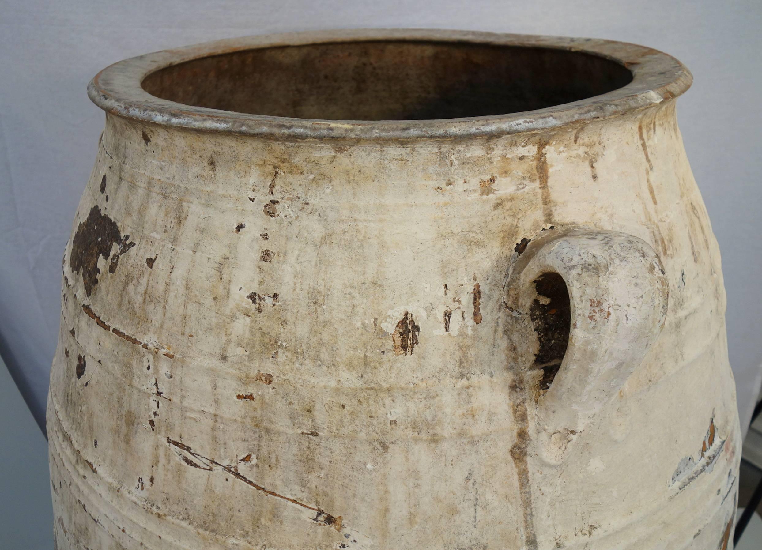 Greek 19th Century Big Mediterranean Terracotta Amphora Jar with White Patina