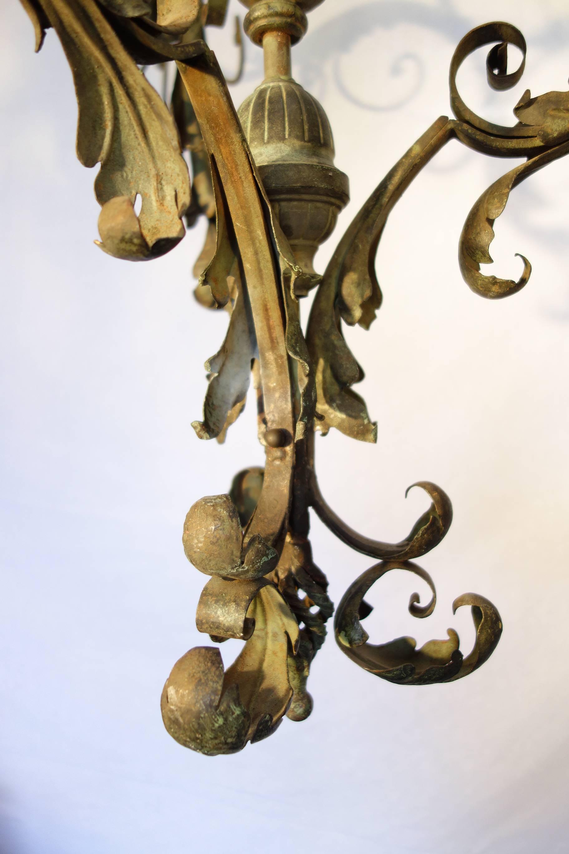 19th Century Antique Tuscan Wrought Iron Renaissance Green Chandelier 1