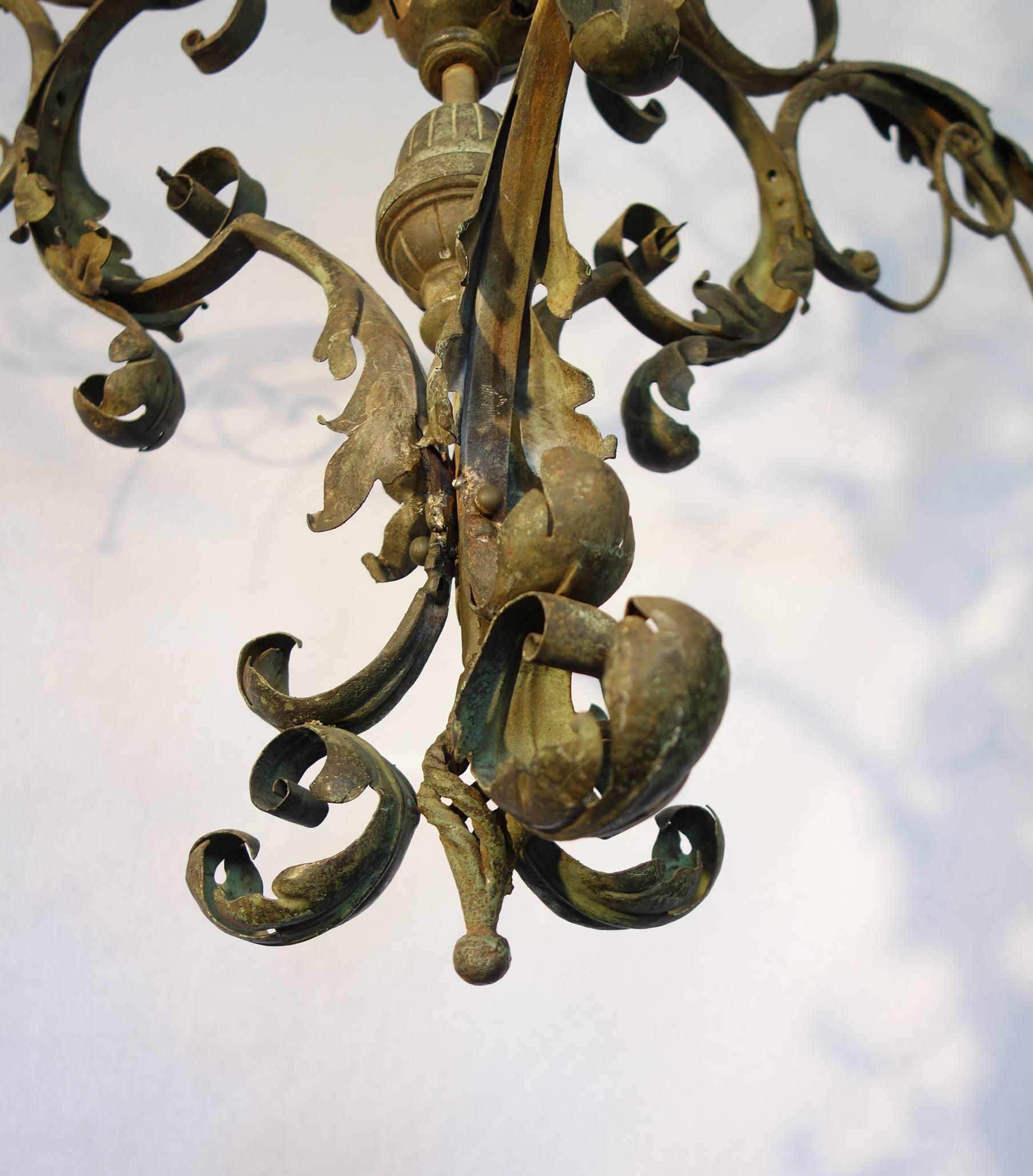 19th Century Antique Tuscan Wrought Iron Renaissance Green Chandelier 3