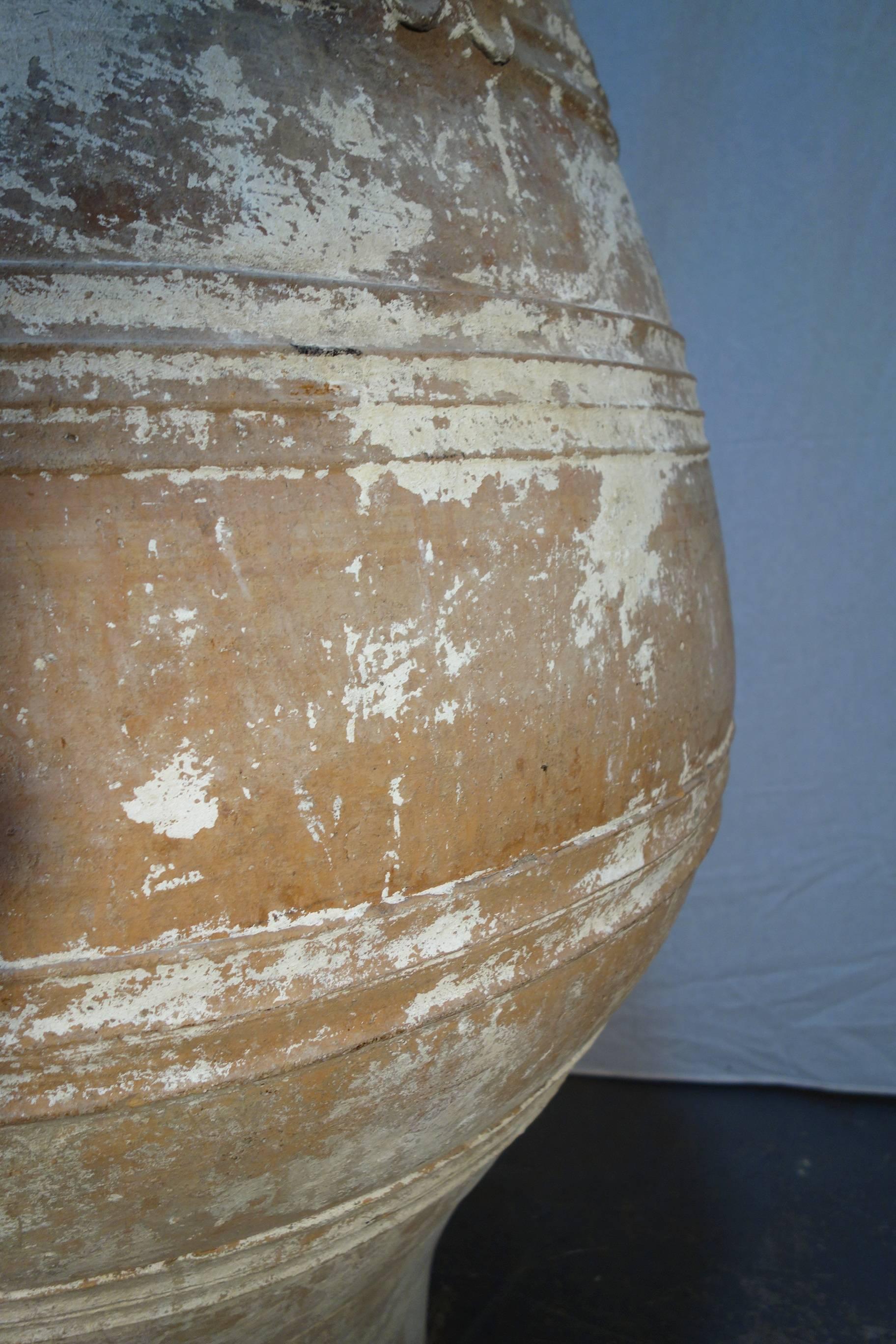 19th Century Antique Large Mediterranean Terracotta Amphora Jar White Patina  In Good Condition In Encinitas, CA